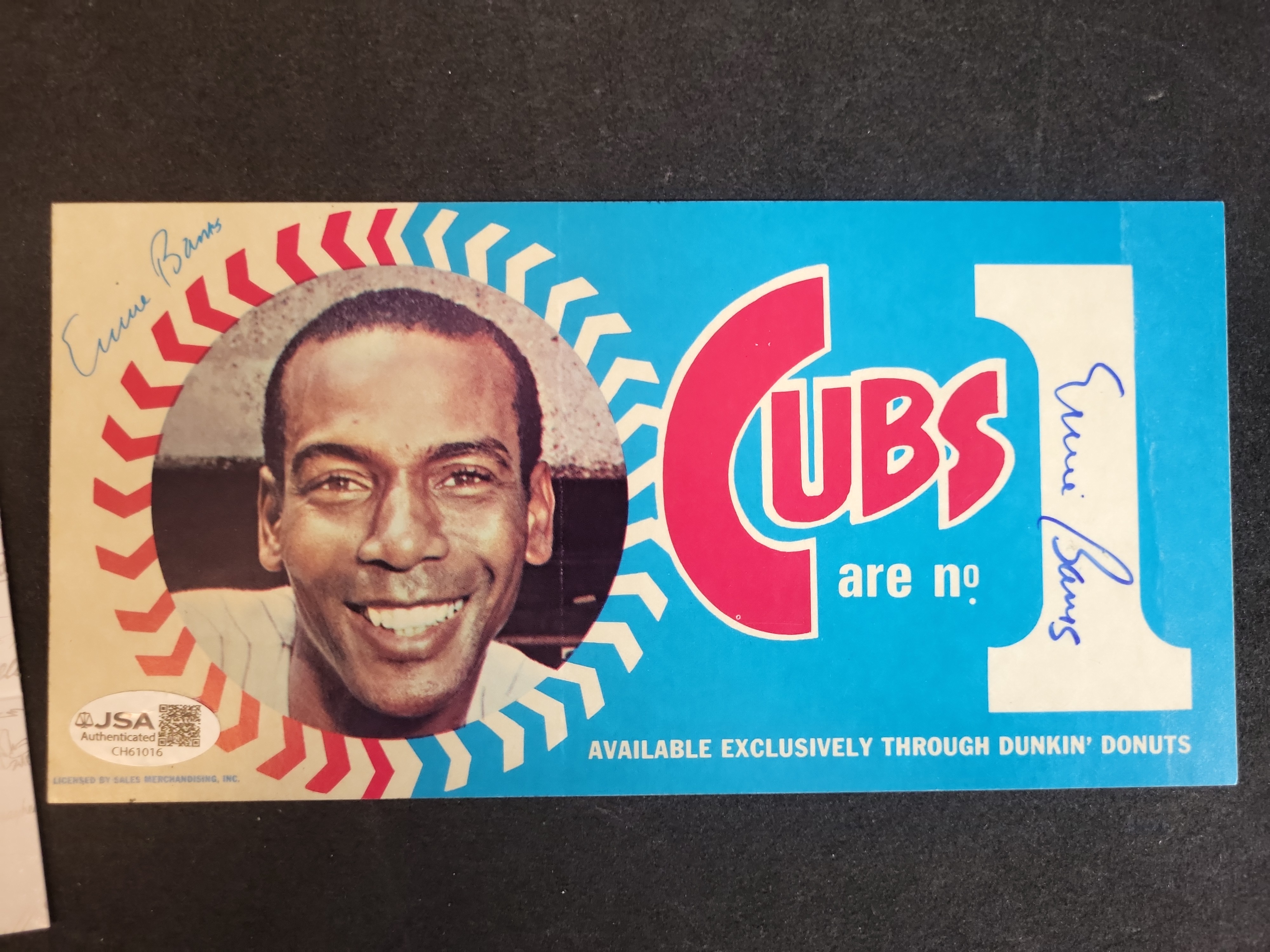 I03307 | Dual Signed 1970 Dunkin Donuts Chicago Cubs Ernie Banks Bumper Sticker JSA COA