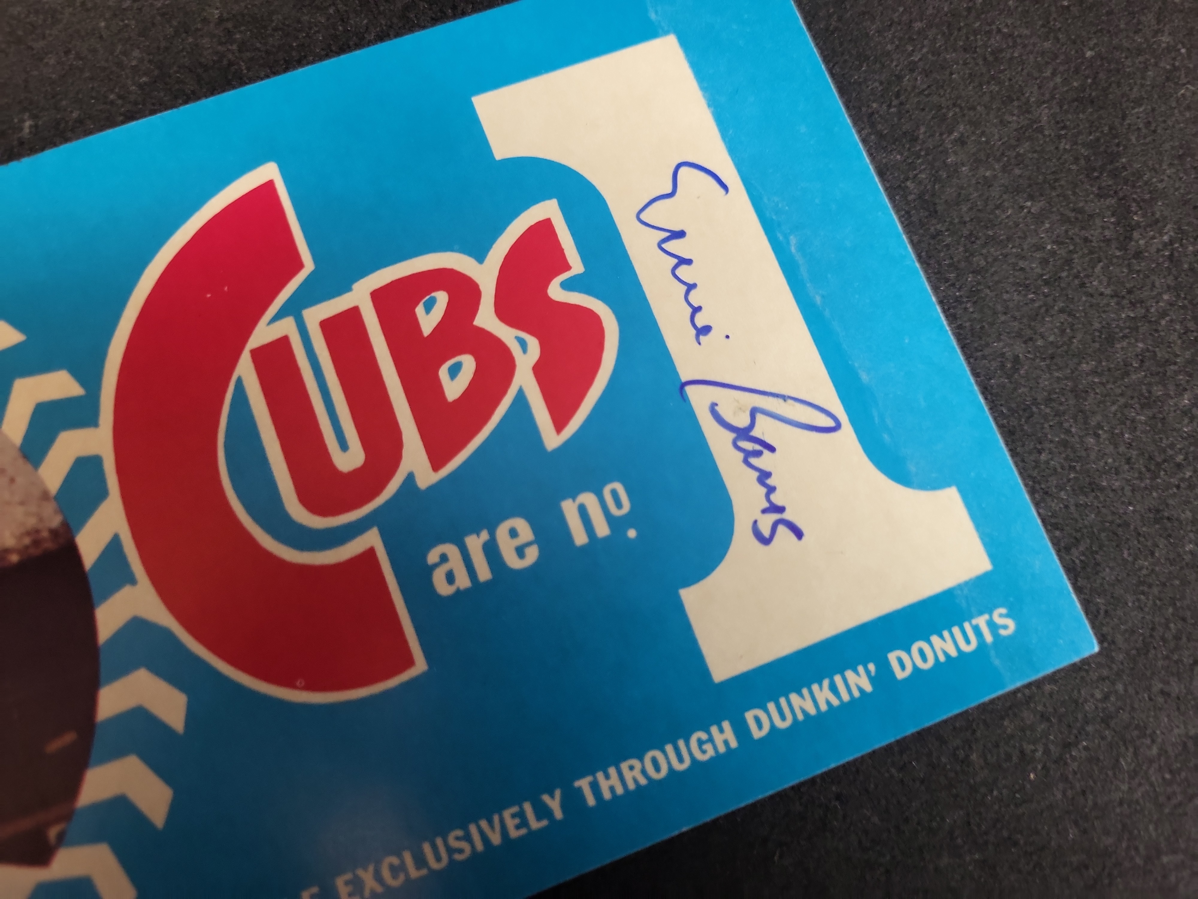 I03307 | Dual Signed 1970 Dunkin Donuts Chicago Cubs Ernie Banks Bumper Sticker JSA COA