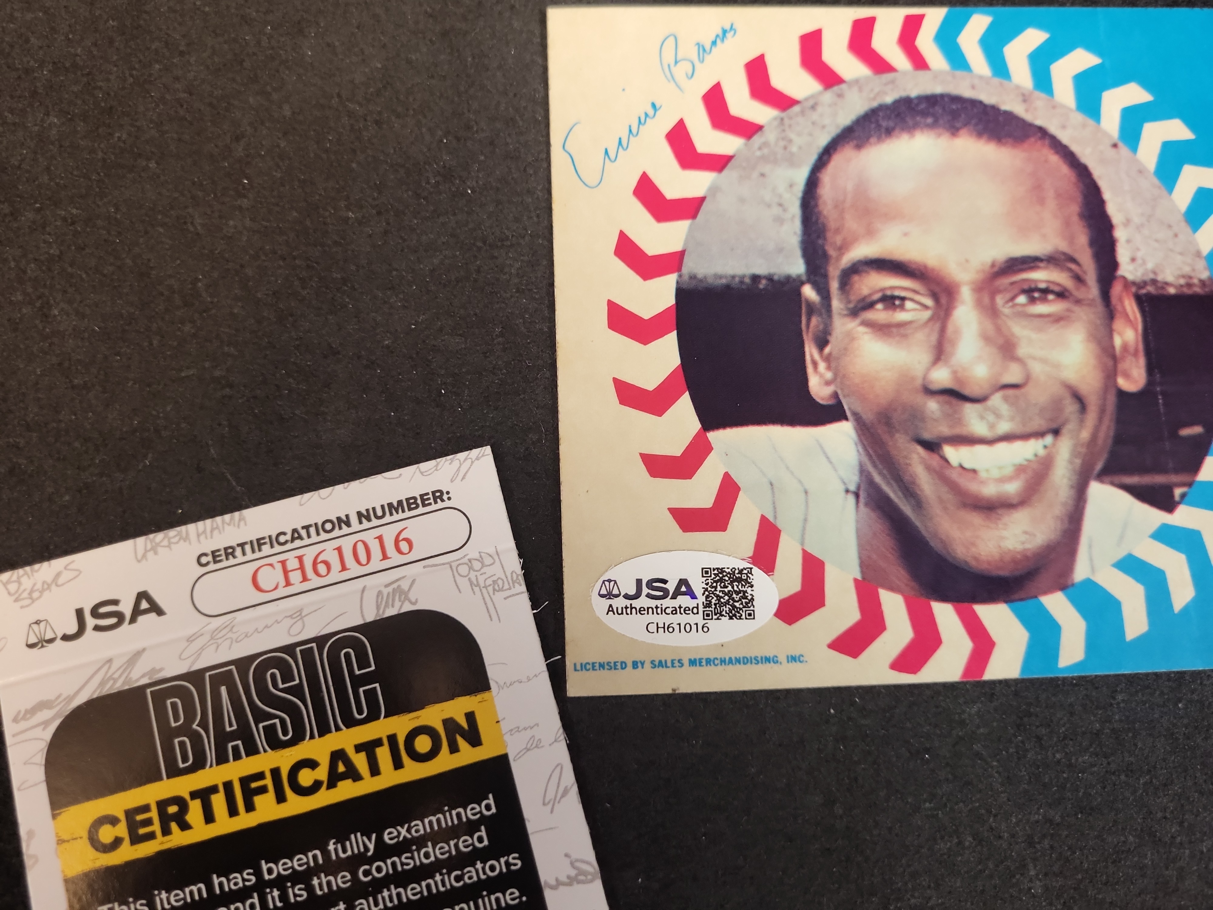 I03307 | Dual Signed 1970 Dunkin Donuts Chicago Cubs Ernie Banks Bumper Sticker JSA COA
