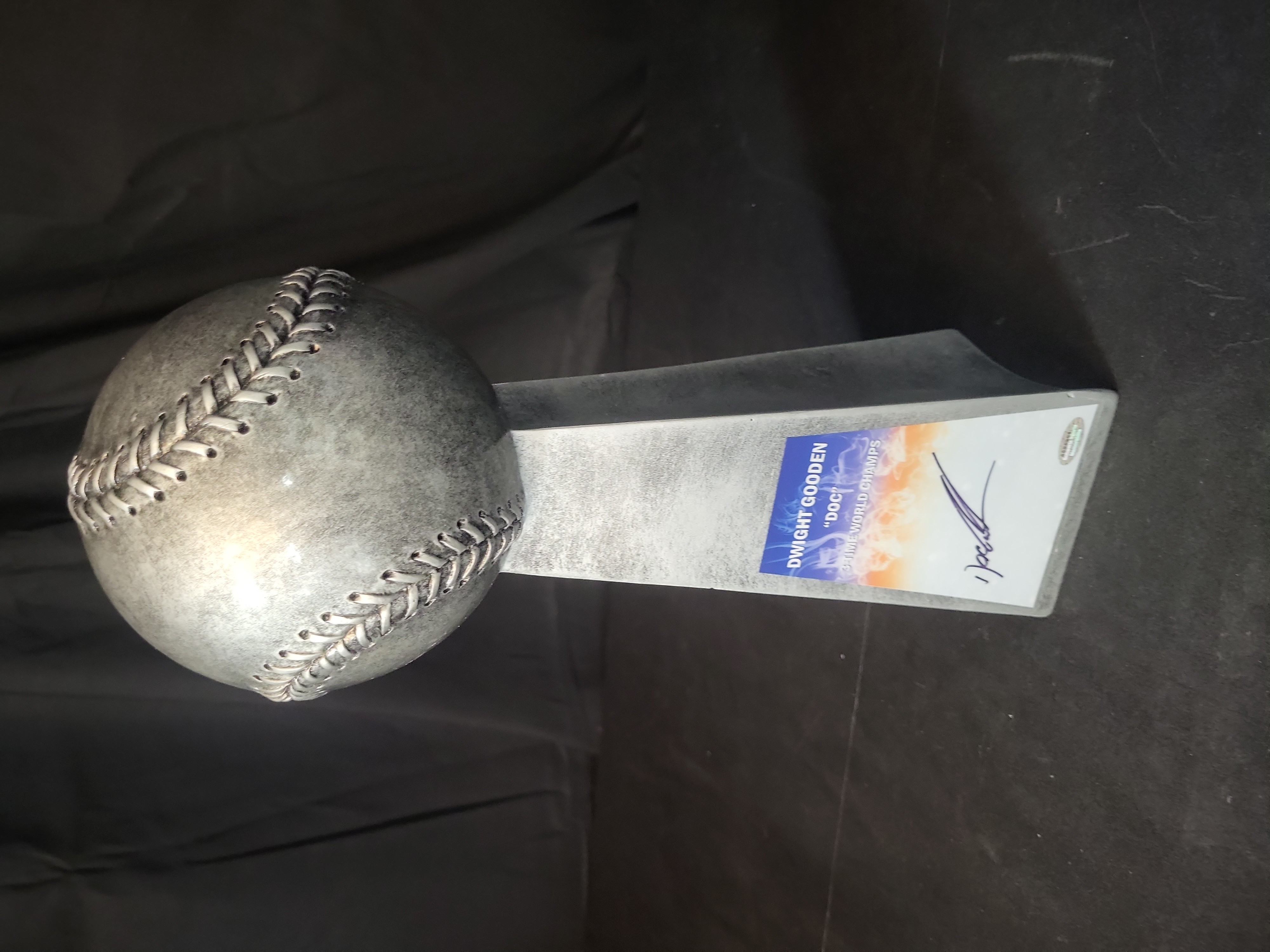 I03119 | Dwight Doc Gooden Signed 14-Inch Replica Silver World Champion Baseball Trophy