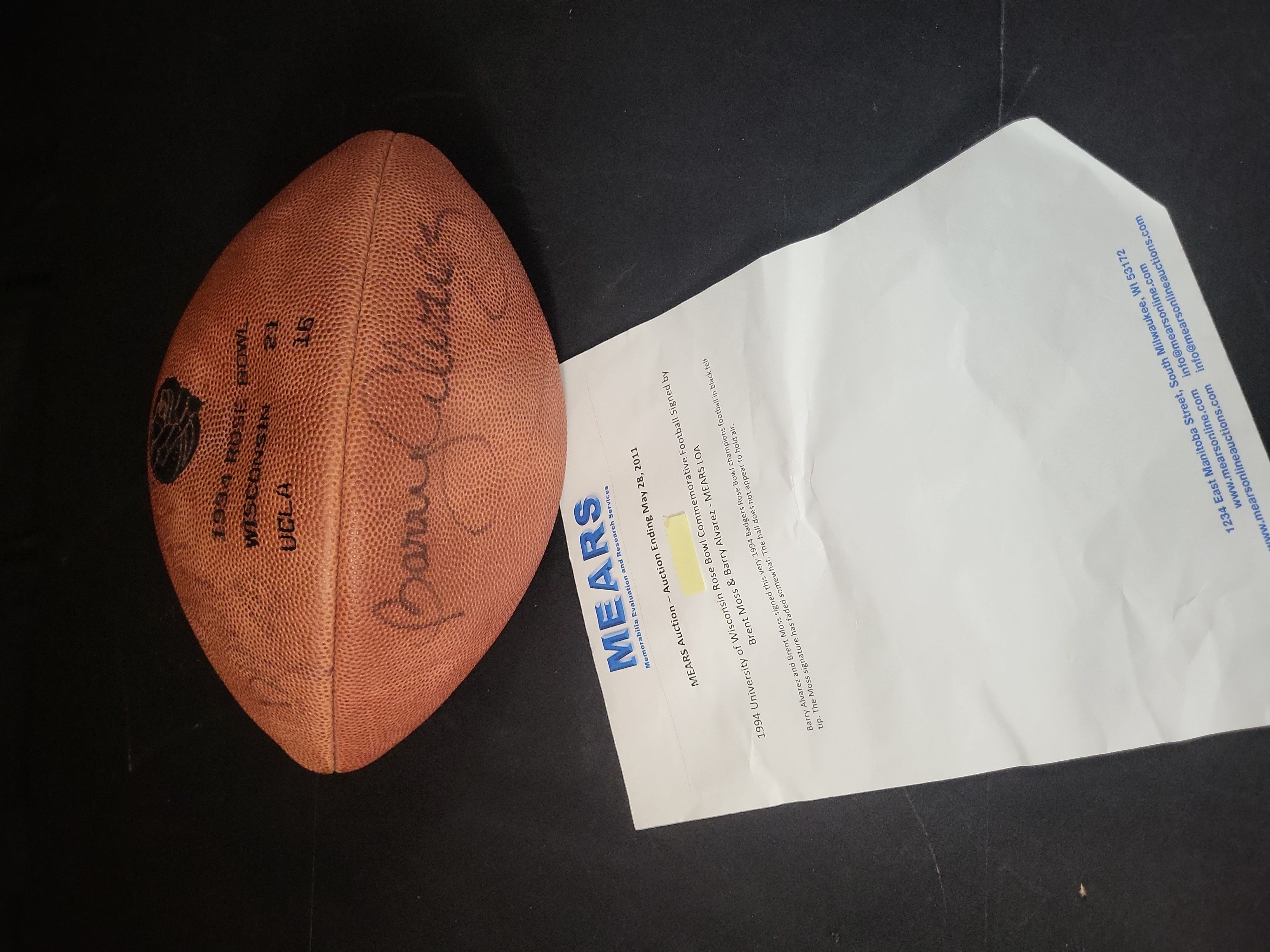I03125 | Barry Alvarez and Brent Moss Signed 1994 Rose Bowl Commemorative Wilson Football