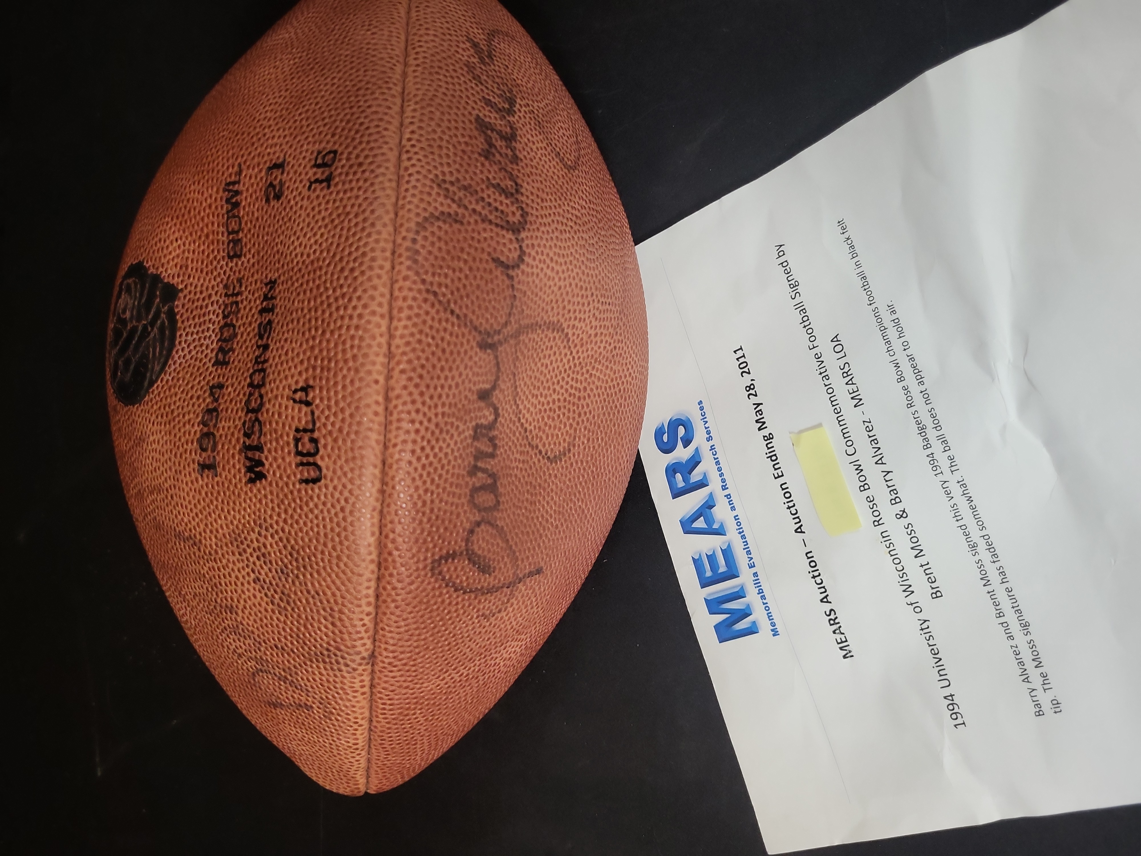 I03125 | Barry Alvarez and Brent Moss Signed 1994 Rose Bowl Commemorative Wilson Football