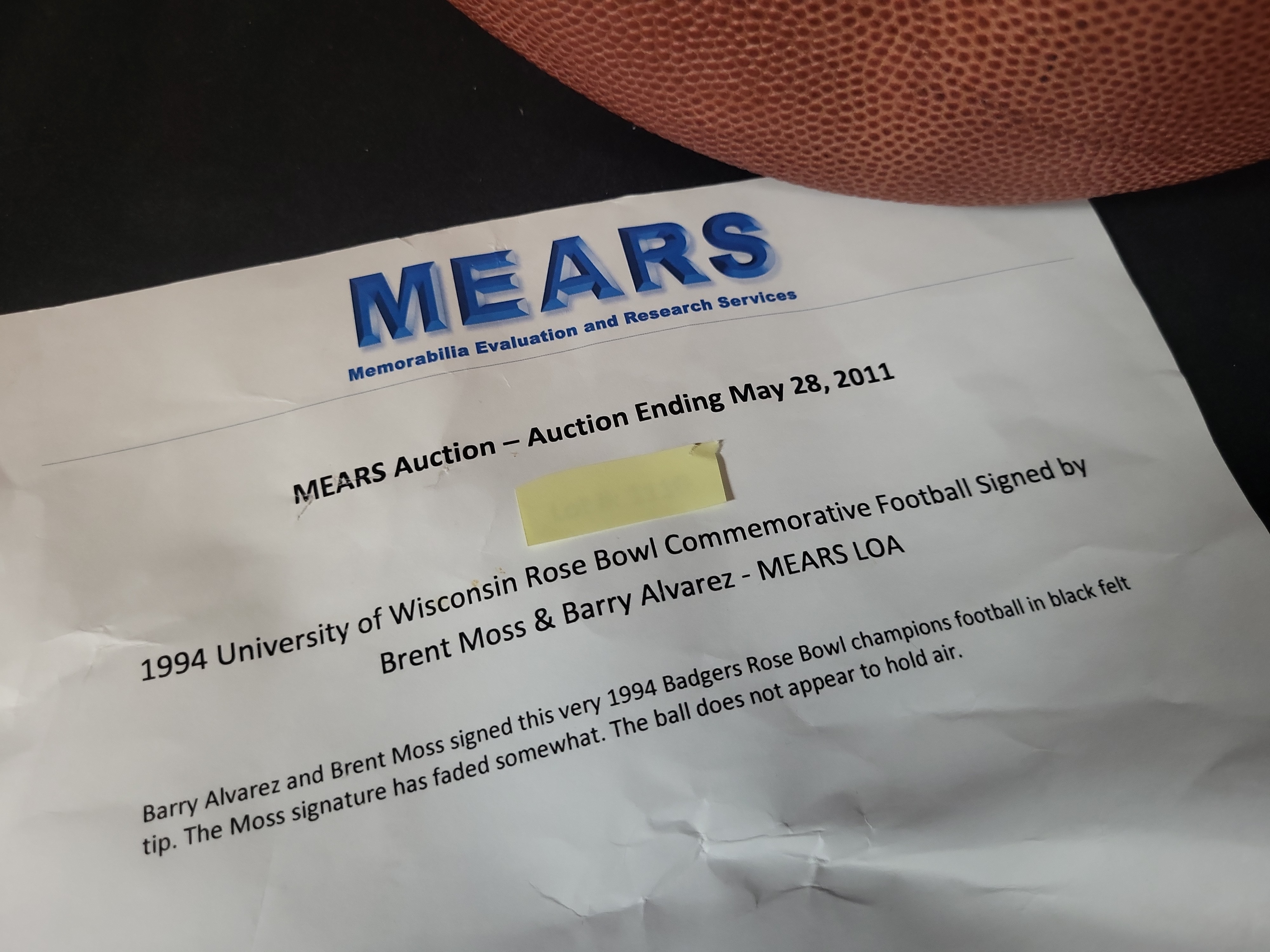 I03125 | Barry Alvarez and Brent Moss Signed 1994 Rose Bowl Commemorative Wilson Football