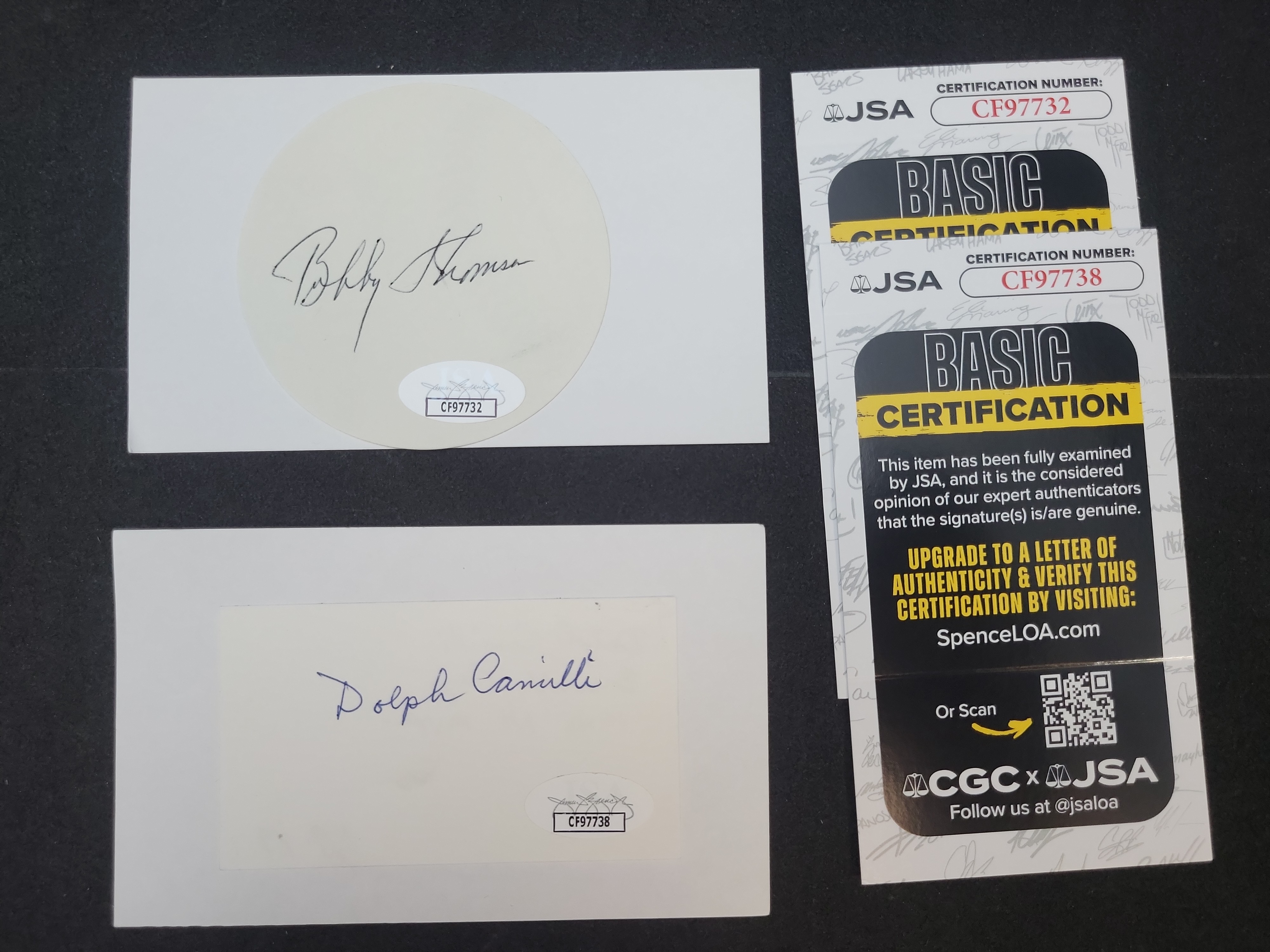 I03375 | A Pair of JSA Authenticated Autographed Baseball Cuts Featuring Bobby Thomson and Dolph Camilli