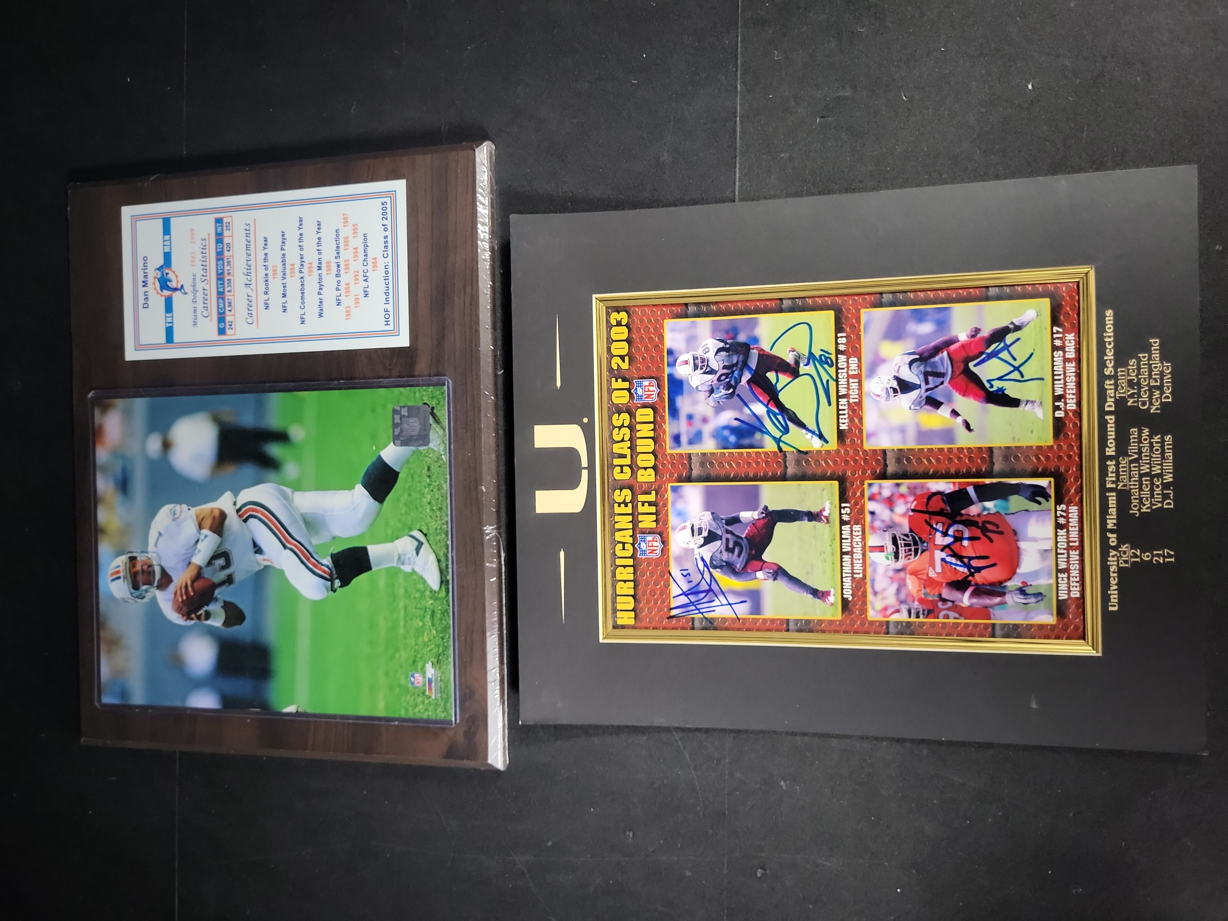 I03358 | Two Football Memorabilia Displays Including a Dan Marino Commemorative Plaque and a Multi-Signed University of Miami Hurricanes Fra
