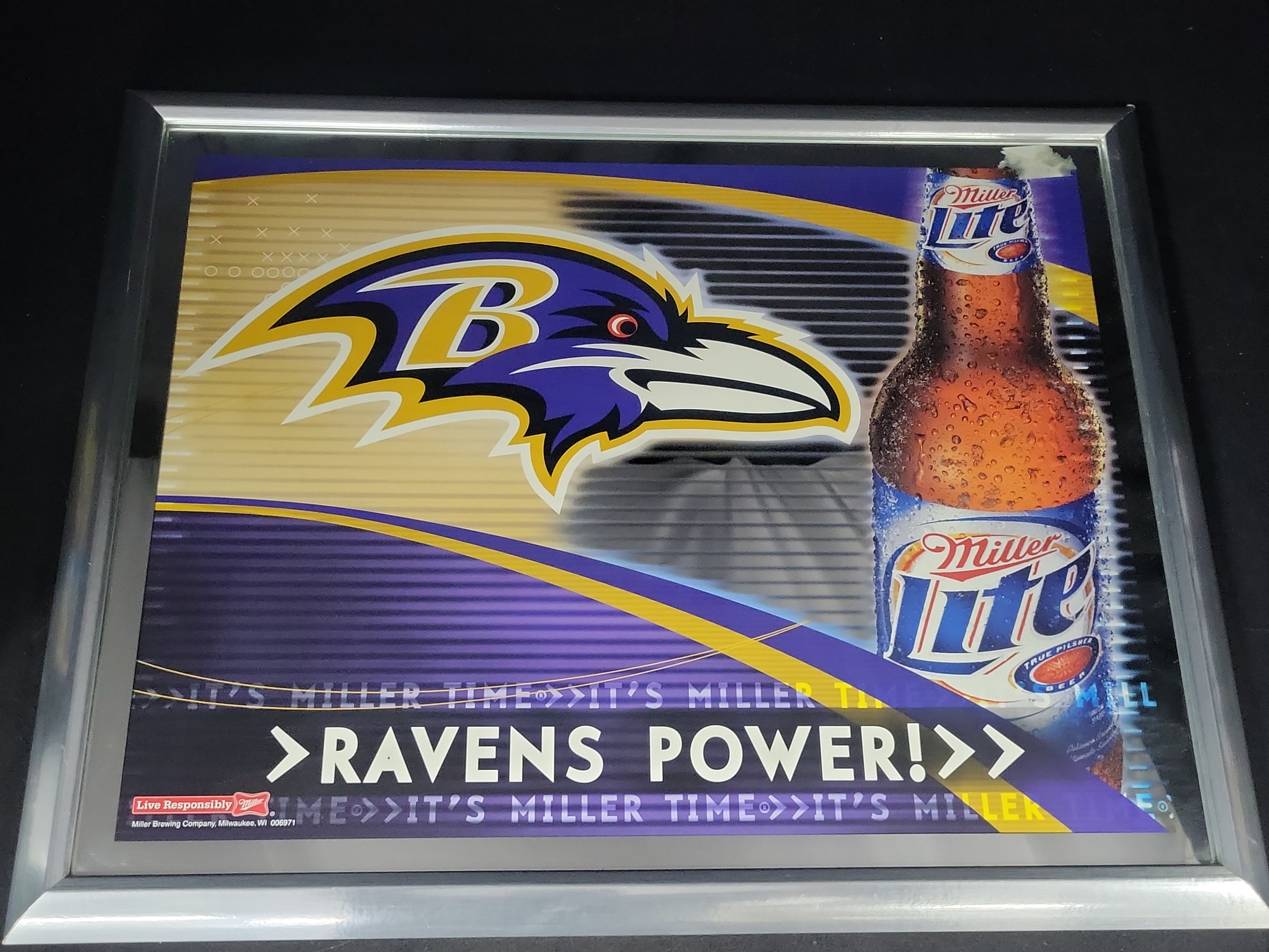 I03178 | Baltimore Ravens Miller Lite Promotional Mirror in Metallic Frame