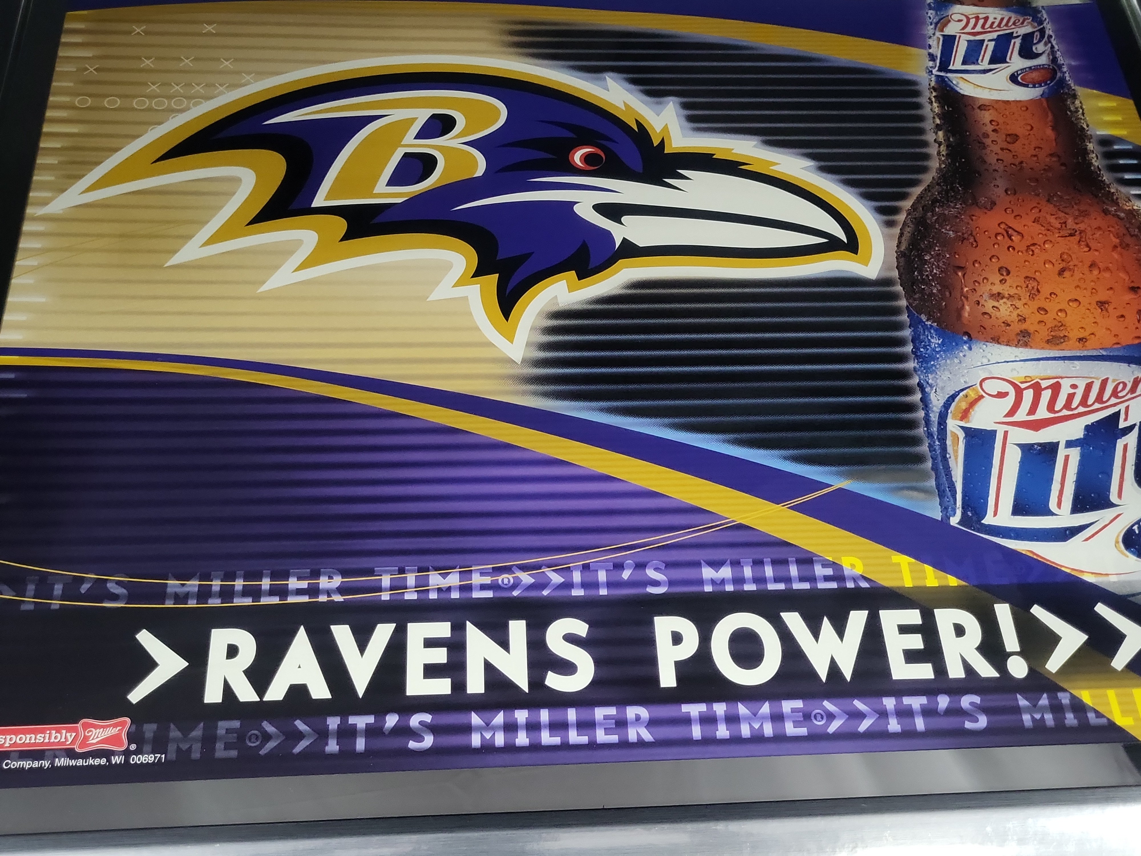I03178 | Baltimore Ravens Miller Lite Promotional Mirror in Metallic Frame