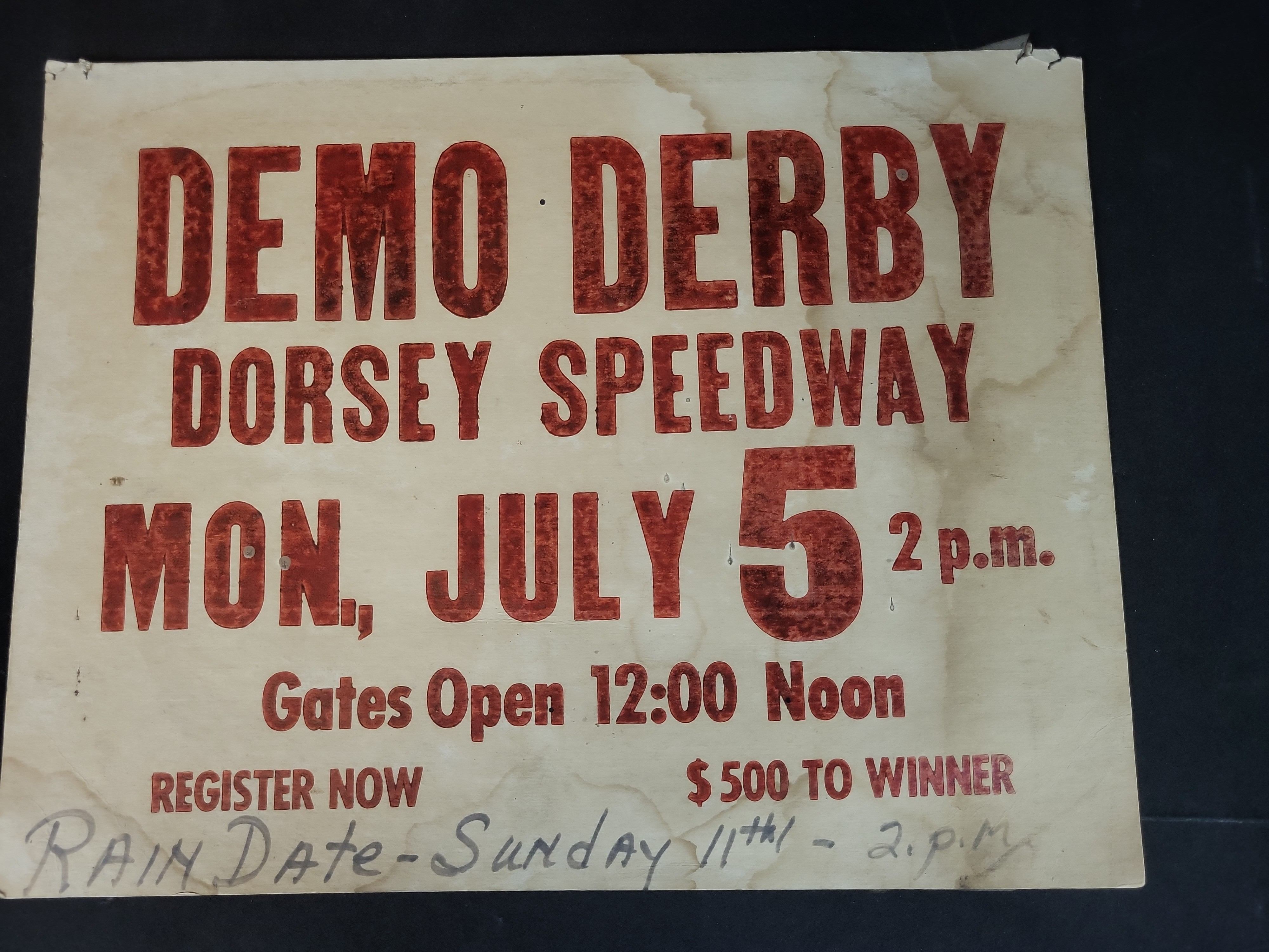 I03268 | Vintage Dorsey Speedway Demolition Derby Advertising Showcard Poster