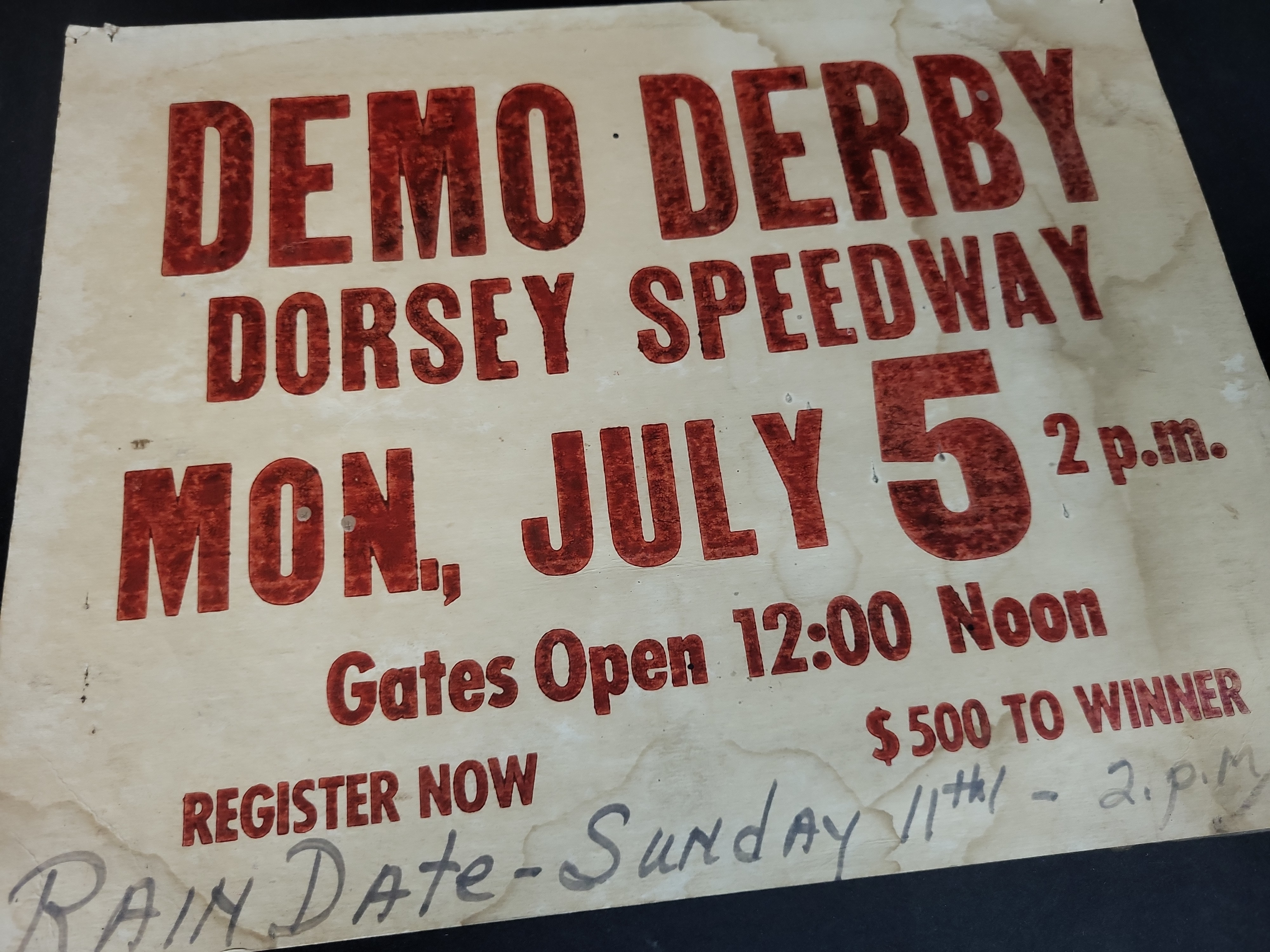 I03268 | Vintage Dorsey Speedway Demolition Derby Advertising Showcard Poster