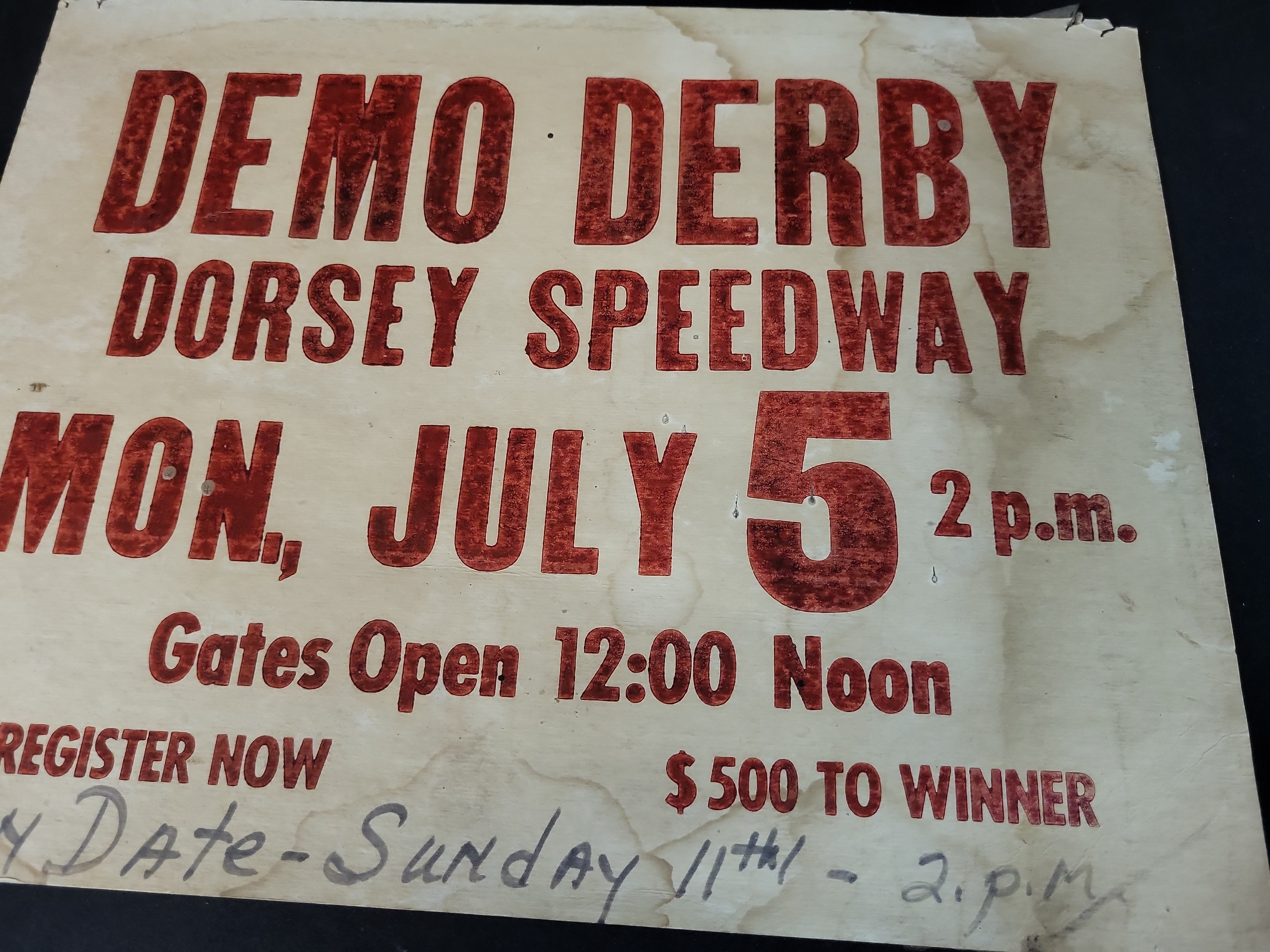 I03268 | Vintage Dorsey Speedway Demolition Derby Advertising Showcard Poster