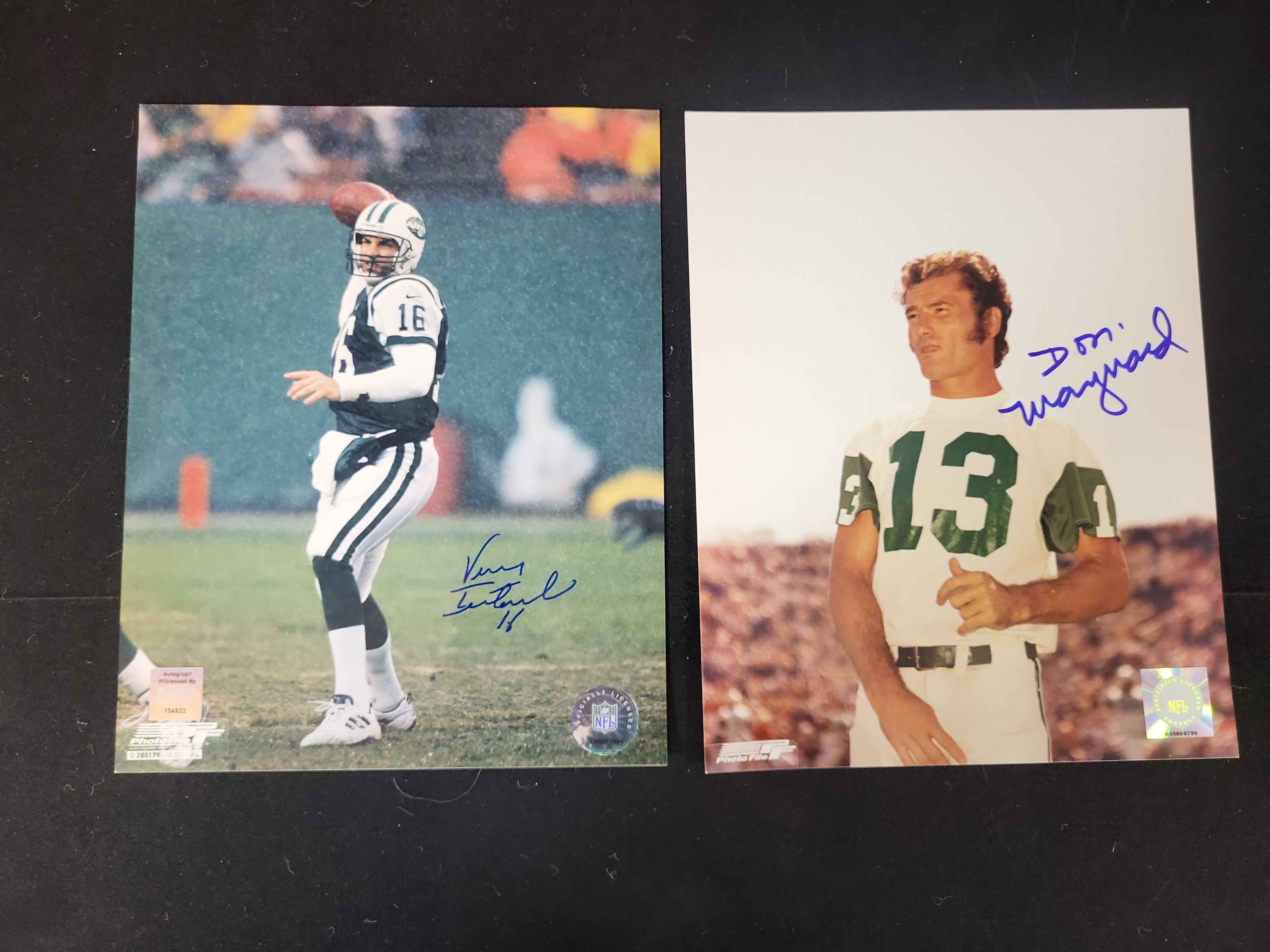 I01483 | Two New York Jets Autographed Photographs featuring Vinny Testaverde and Don Maynard