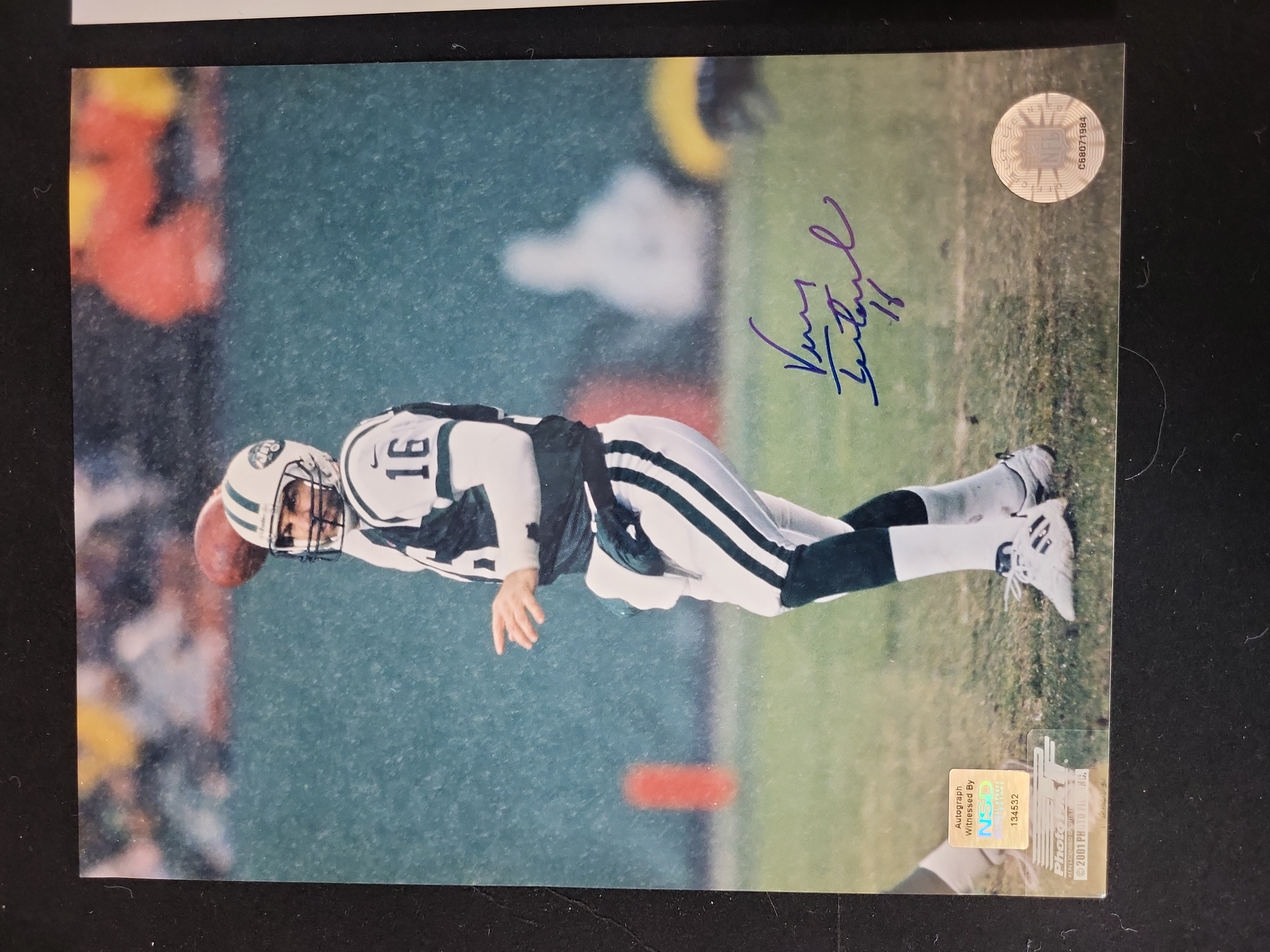 I01483 | Two New York Jets Autographed Photographs featuring Vinny Testaverde and Don Maynard