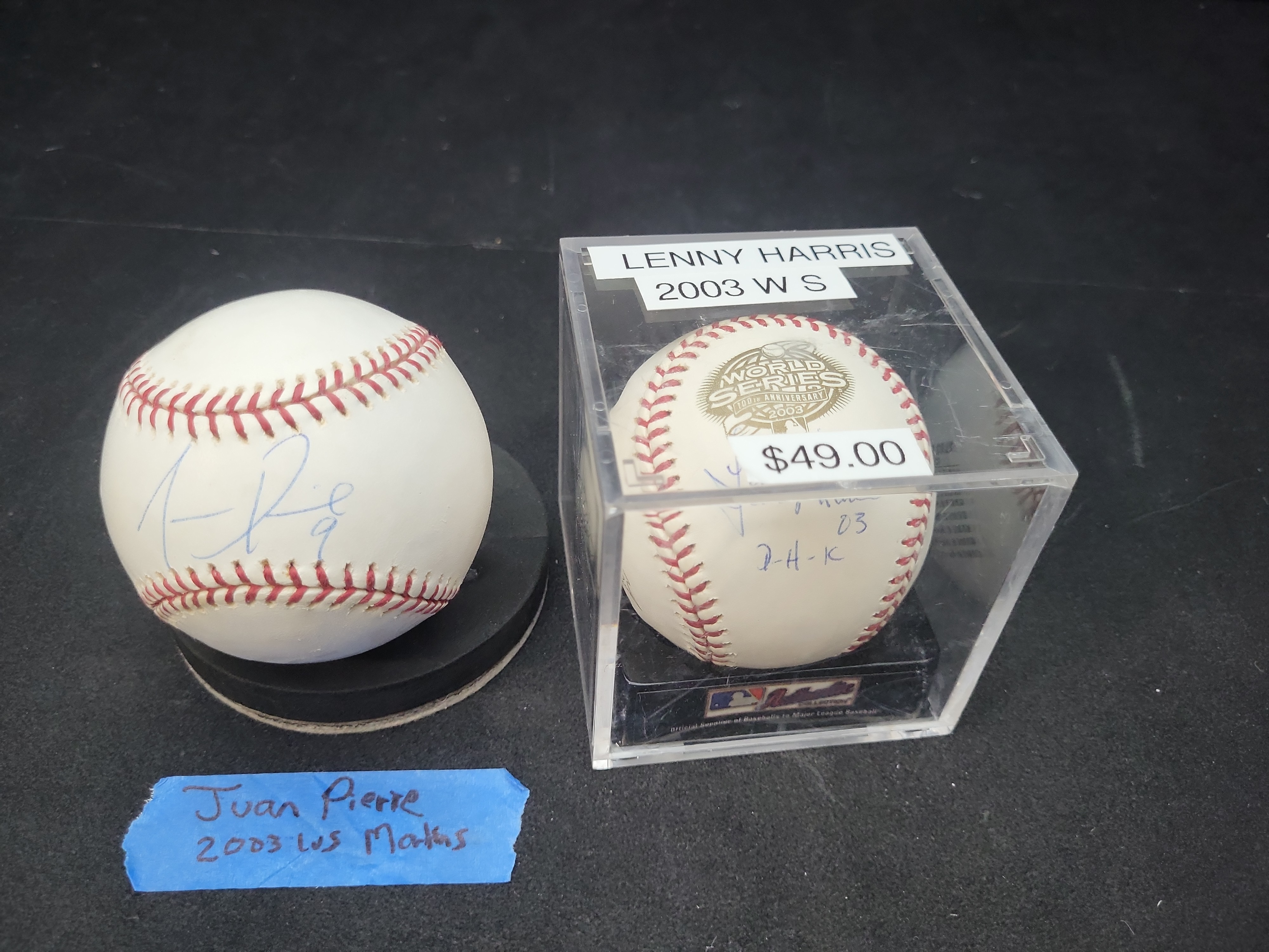 I03354 | Two Florida Marlins Autographed Baseballs Juan Pierre and Lenny Harris 2003 World Series Champions