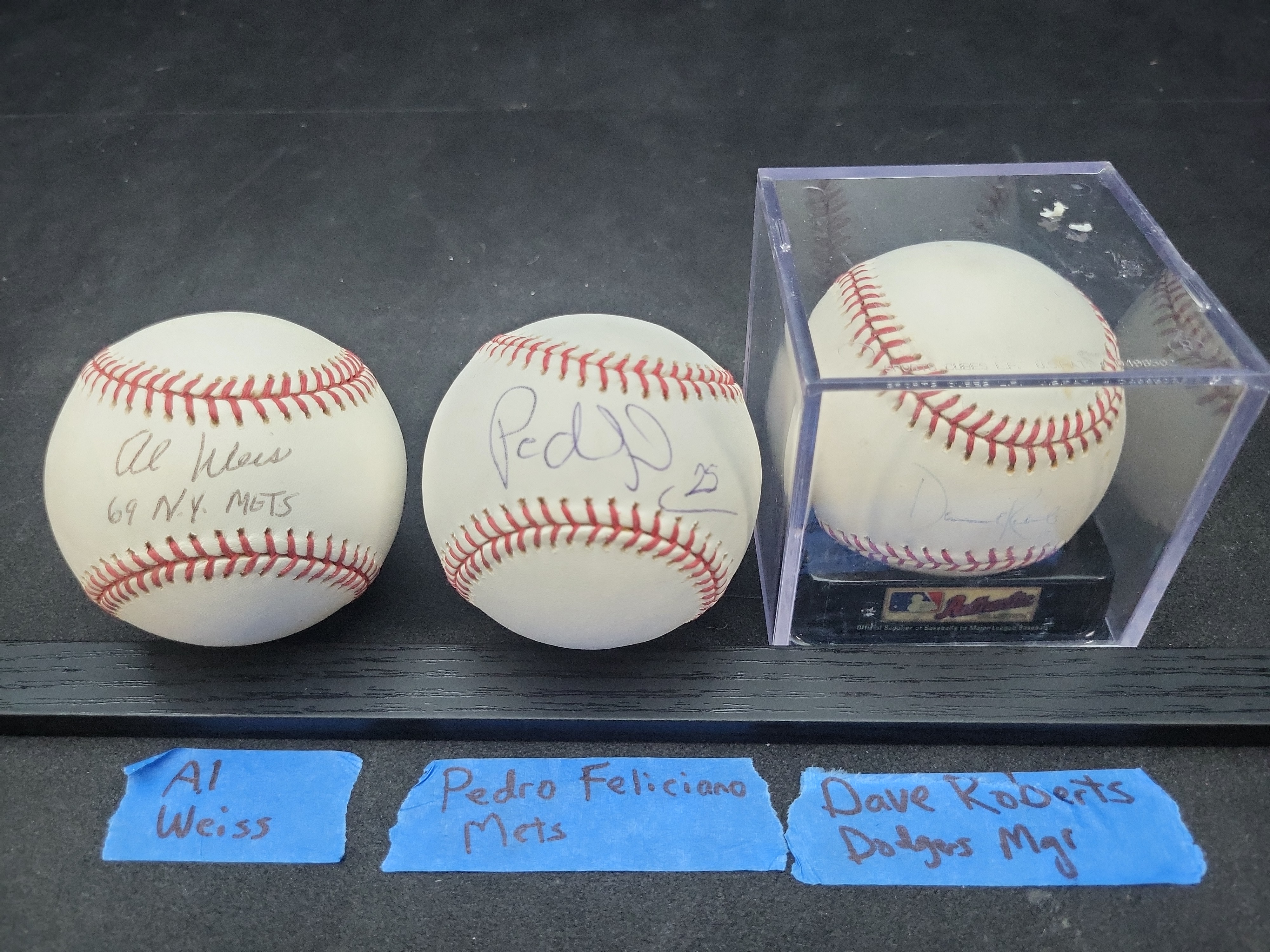 I03355 | Three Autographed Baseballs Featuring Al Weis, Pedro Feliciano, and Dave Roberts