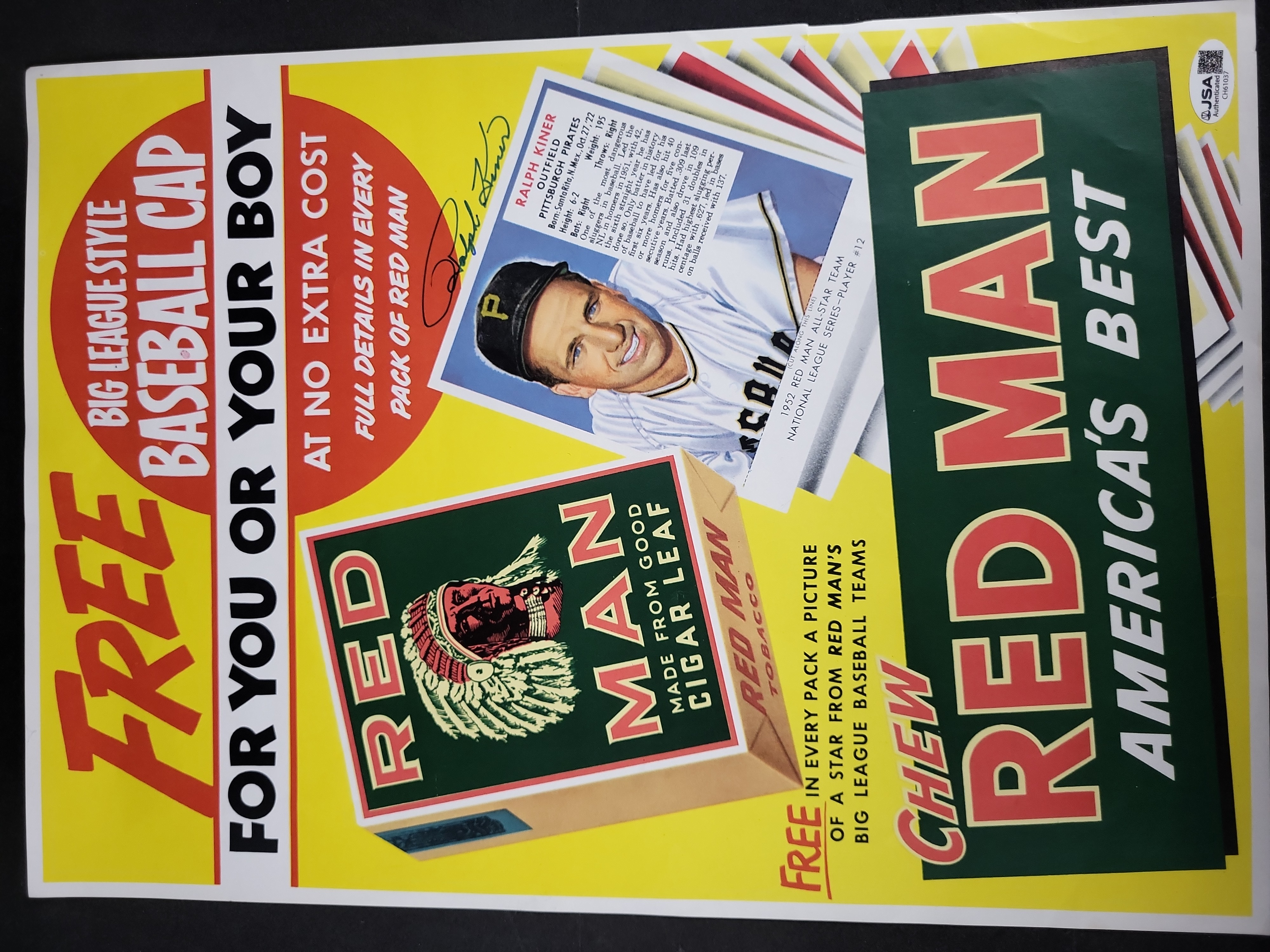 I03313 | Ralph Kiner Signed Red Man Tobacco Advertising Poster Print JSA Authenticated