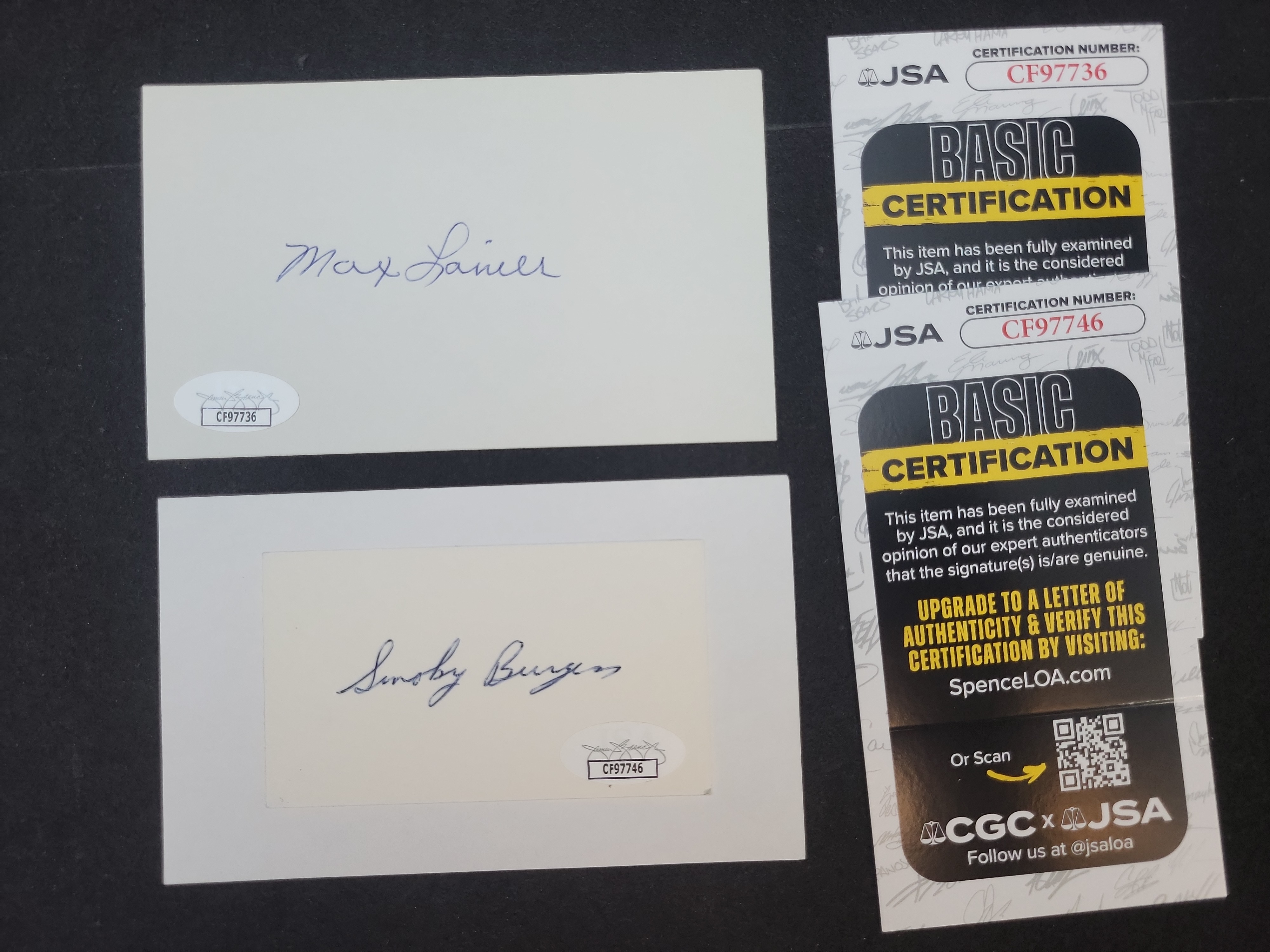 I03376 | Lot of Two JSA Authenticated Autographed Baseball Index Cards Max Lanier and Smoky Burgess