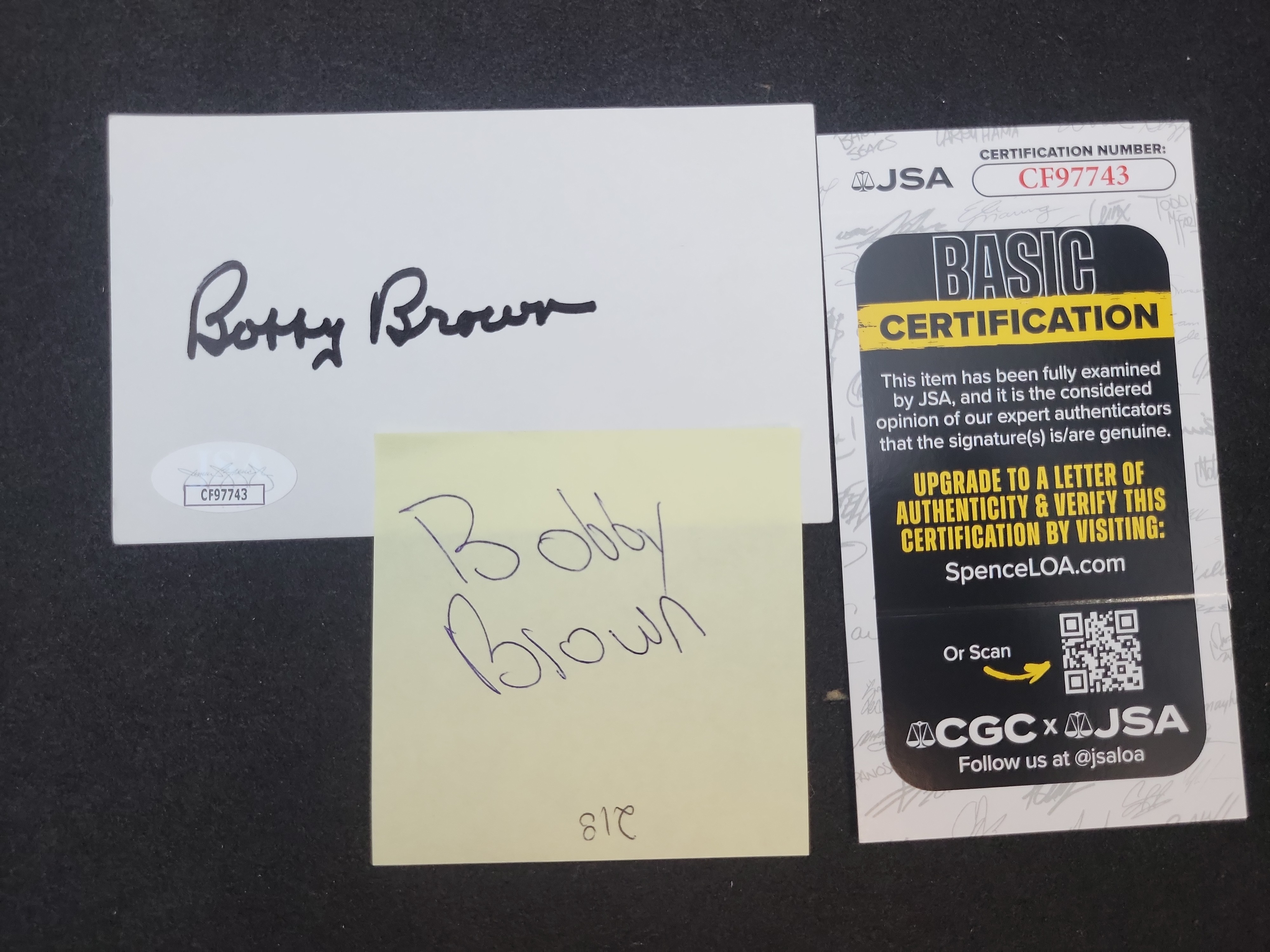 I03377 | Bobby Brown Signed Index Card with JSA Authentication