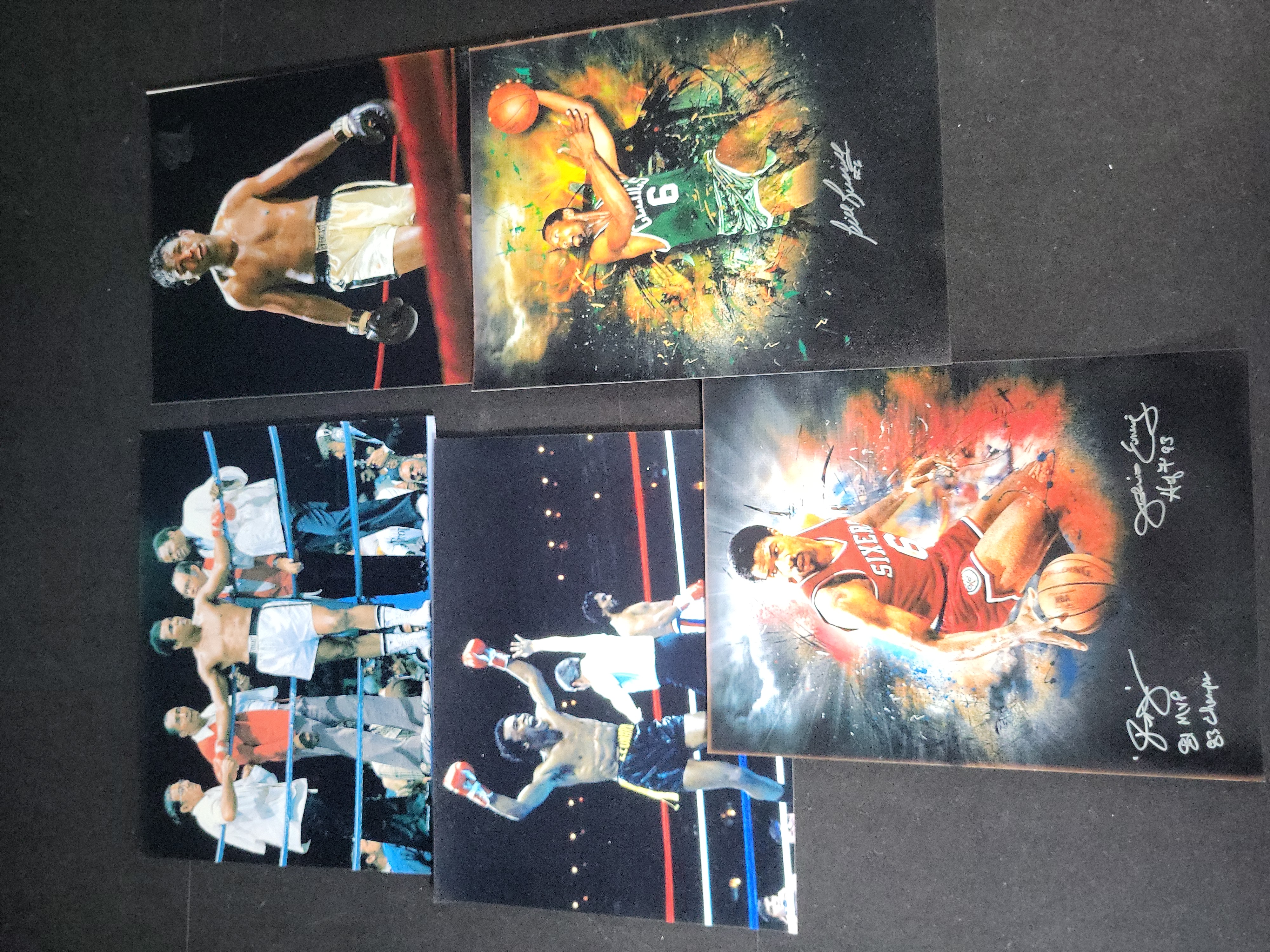 I01726 | A Collection of Five Sports Memorabilia Items Including Autographed NBA Art Prints and Boxing Photographs