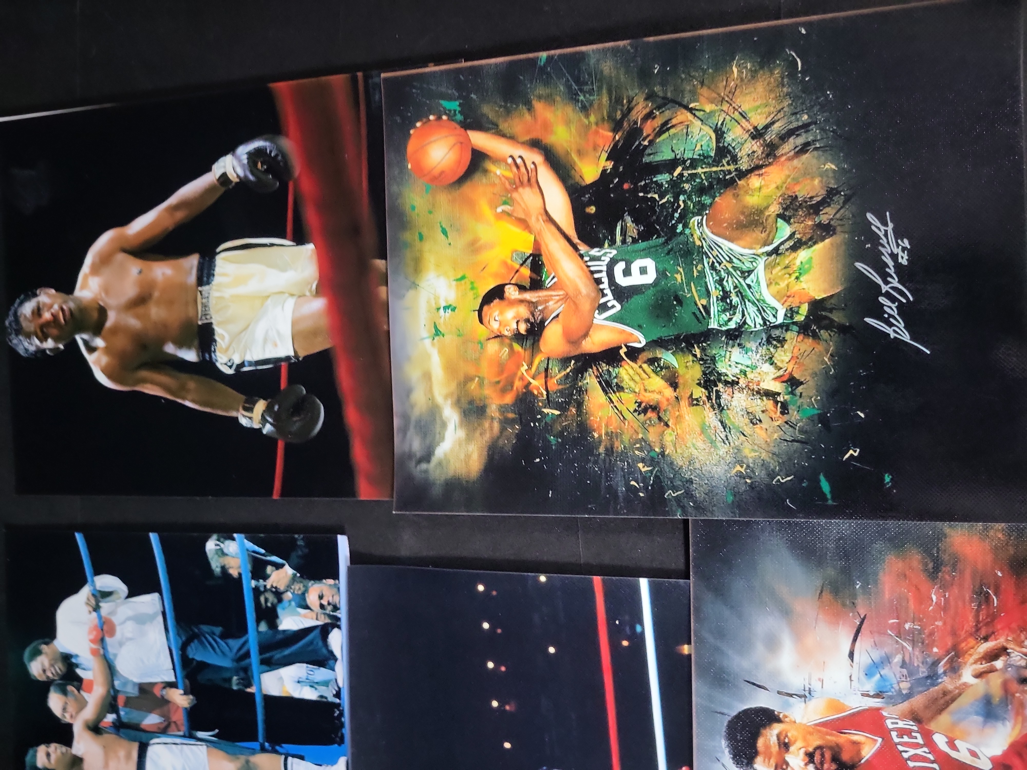 I01726 | A Collection of Five Sports Memorabilia Items Including Autographed NBA Art Prints and Boxing Photographs