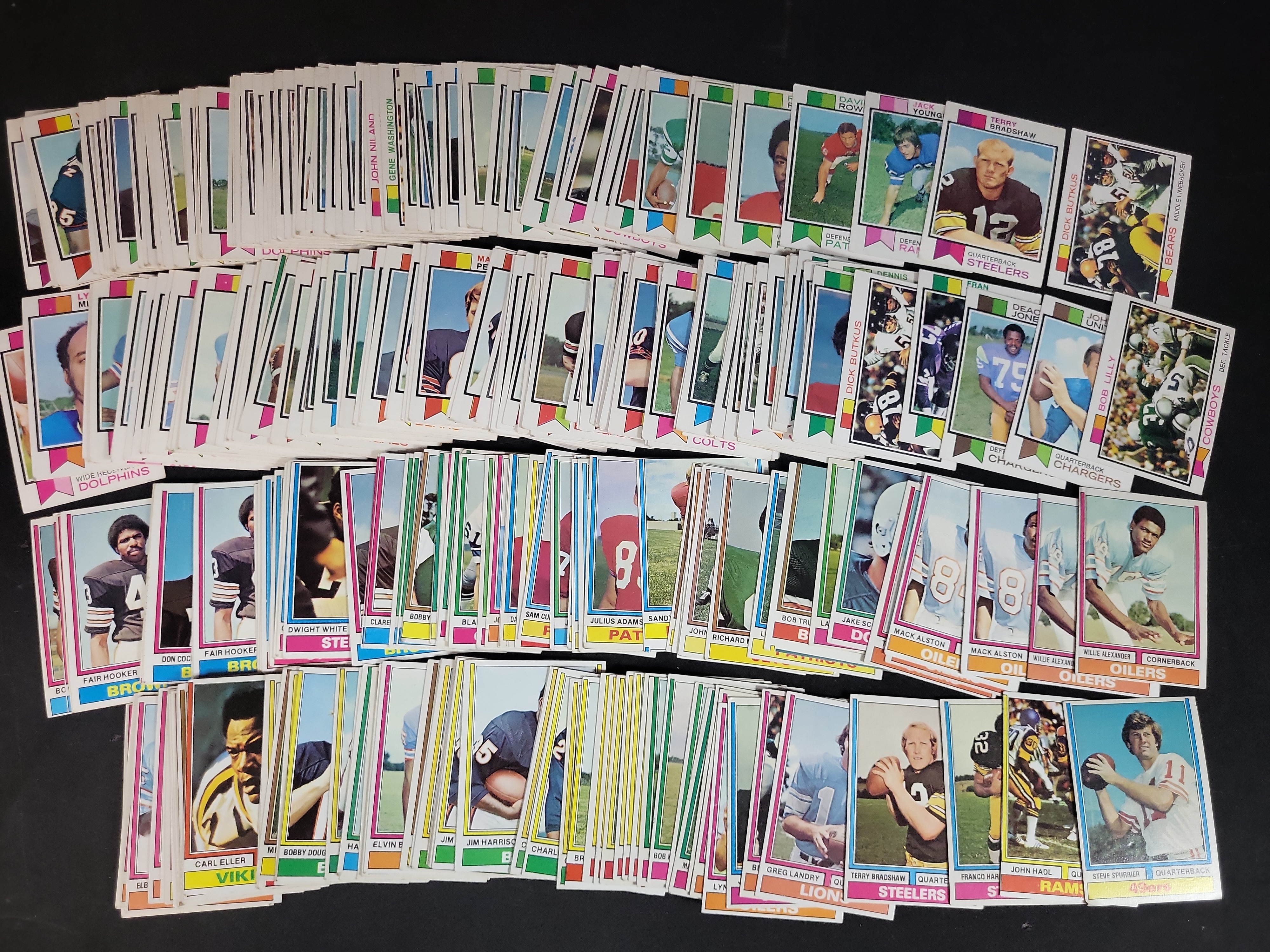 I03872 | A Collection of 1973 Topps Football Cards Featuring Terry Bradshaw and Franco Harris Rookie