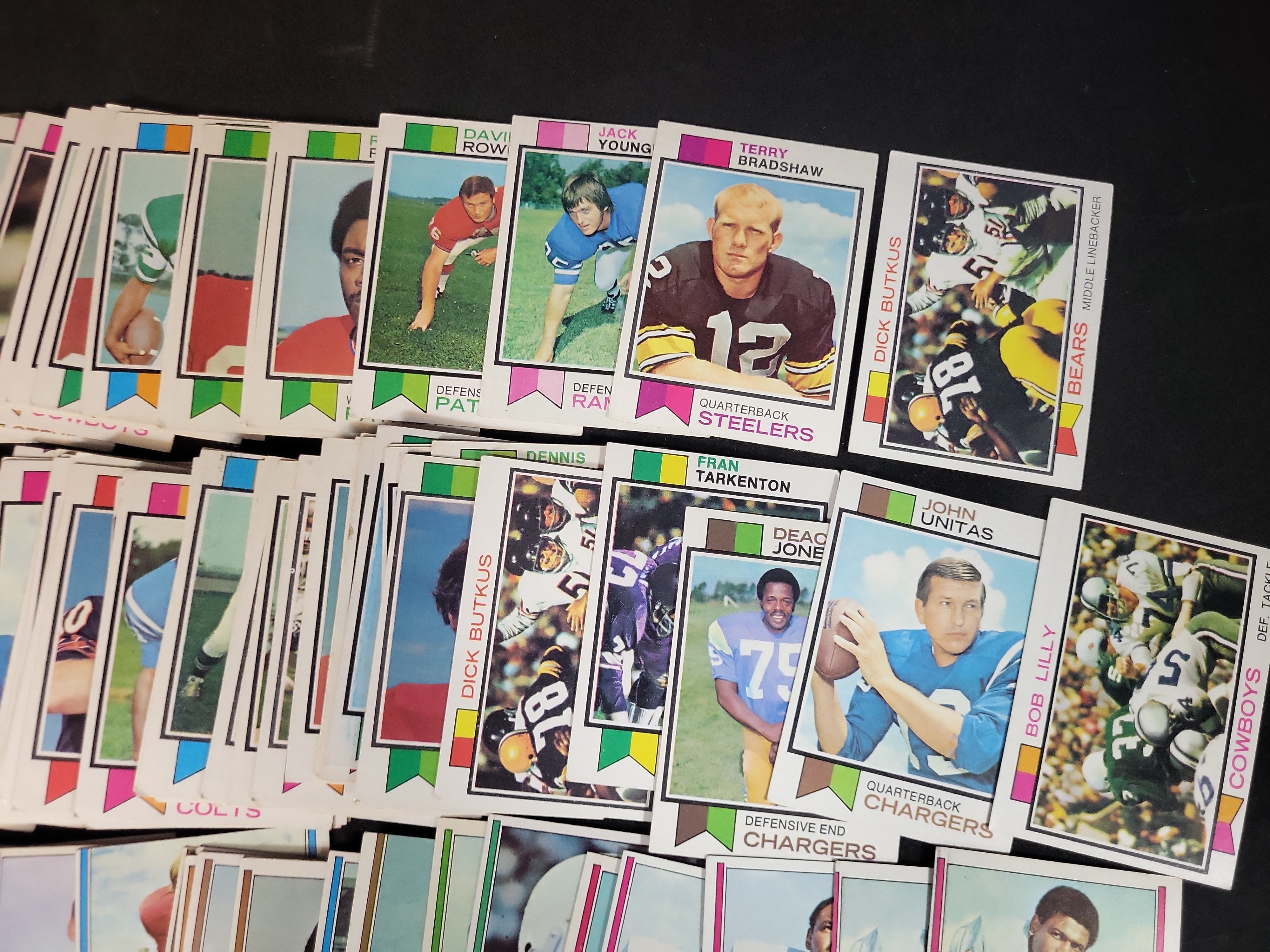 I03872 | A Collection of 1973 Topps Football Cards Featuring Terry Bradshaw and Franco Harris Rookie