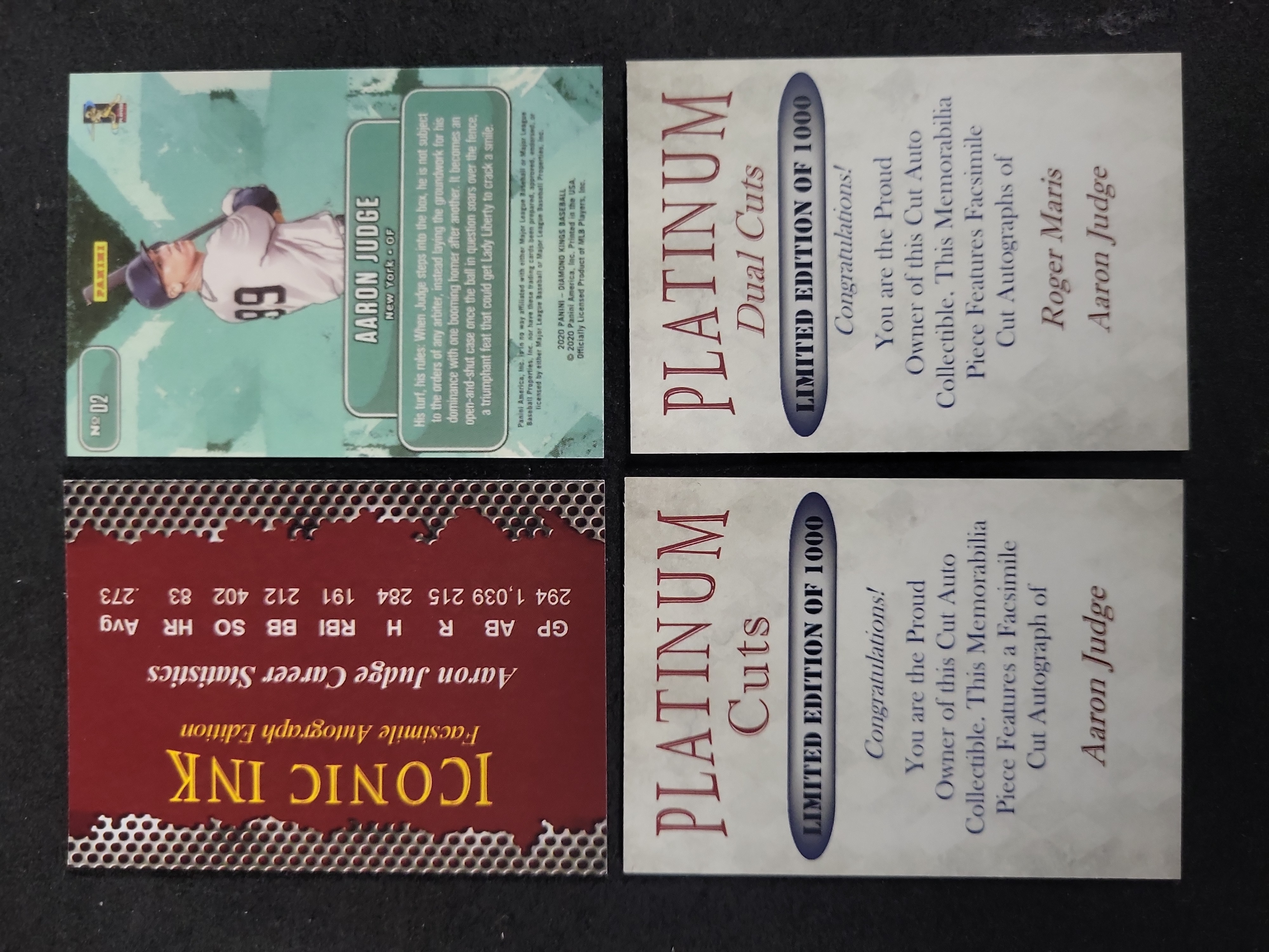 I03594 | A Lot of Four Aaron Judge Baseball Cards Including 2020 Panini Diamond Kings Downtown Insert