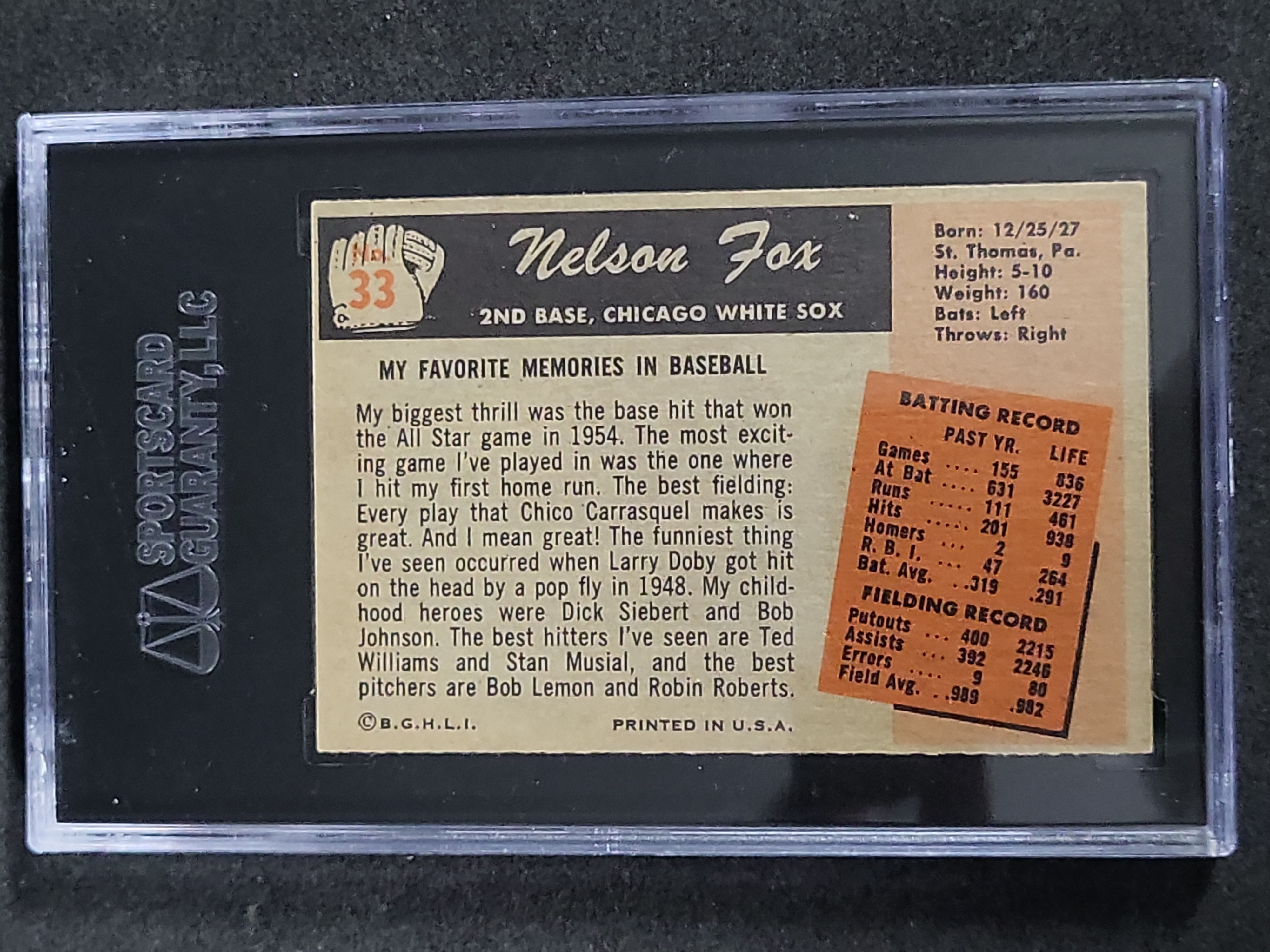 I03204 | 1955 Bowman Nelson Fox Number 33 Chicago White Sox SGC 80 EX/NM 6