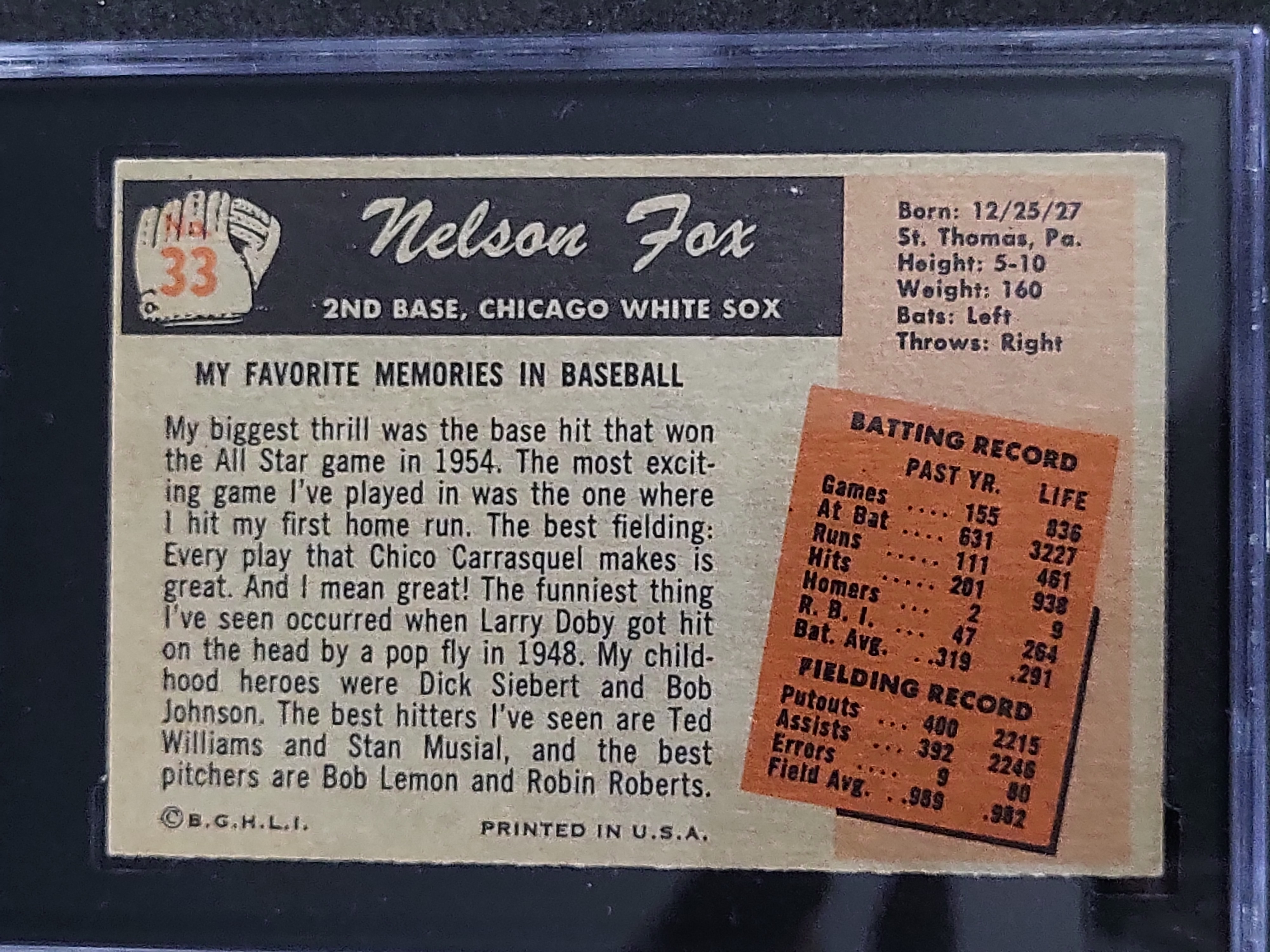 I03204 | 1955 Bowman Nelson Fox Number 33 Chicago White Sox SGC 80 EX/NM 6