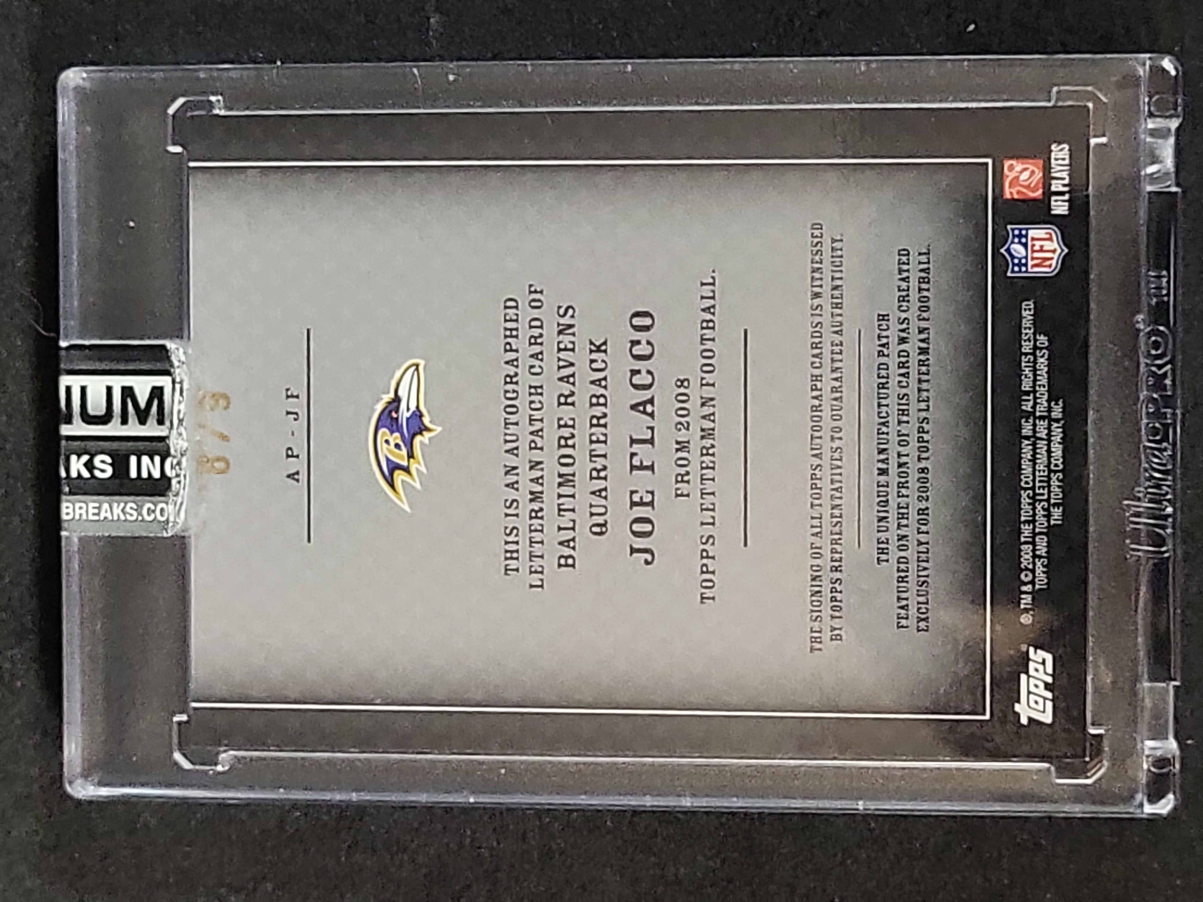 I03651 | 2008 Topps Letterman Football Joe Flacco Autographed Manufactured Patch Card Serial Numbered 8/9