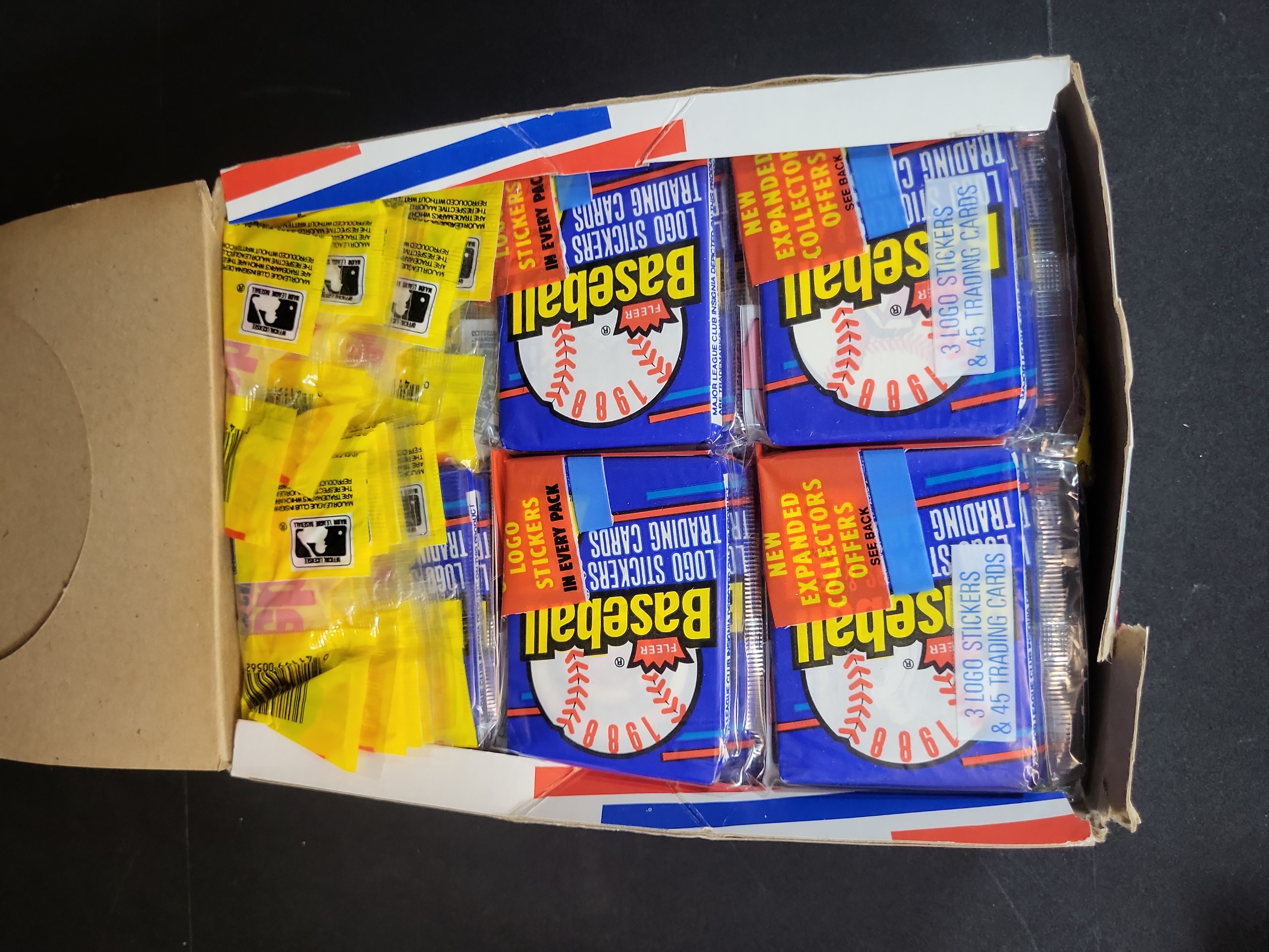 I03246 | 1988 Fleer Baseball Logo Stickers and Trading Cards Opened Display Box with Unopened Packs