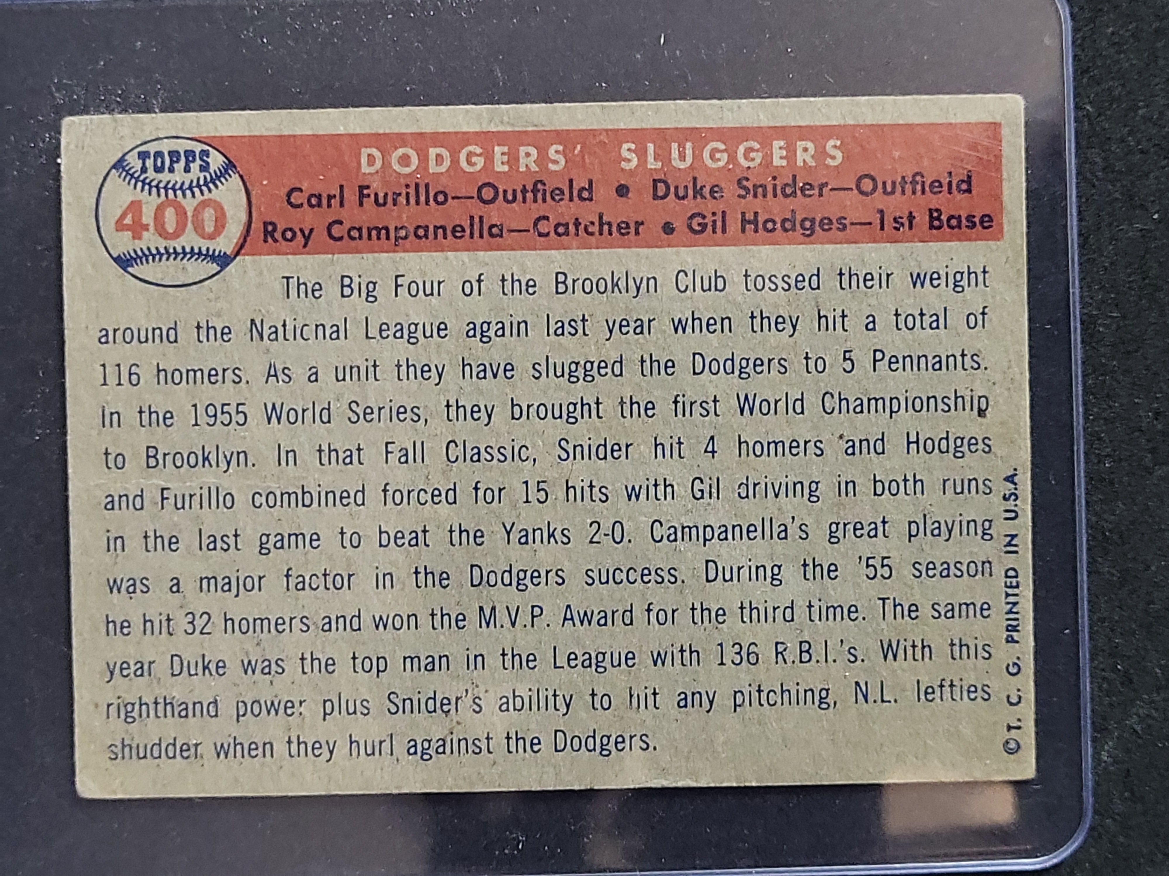 I03876 | 1957 Topps Dodgers' Sluggers Baseball Card #400