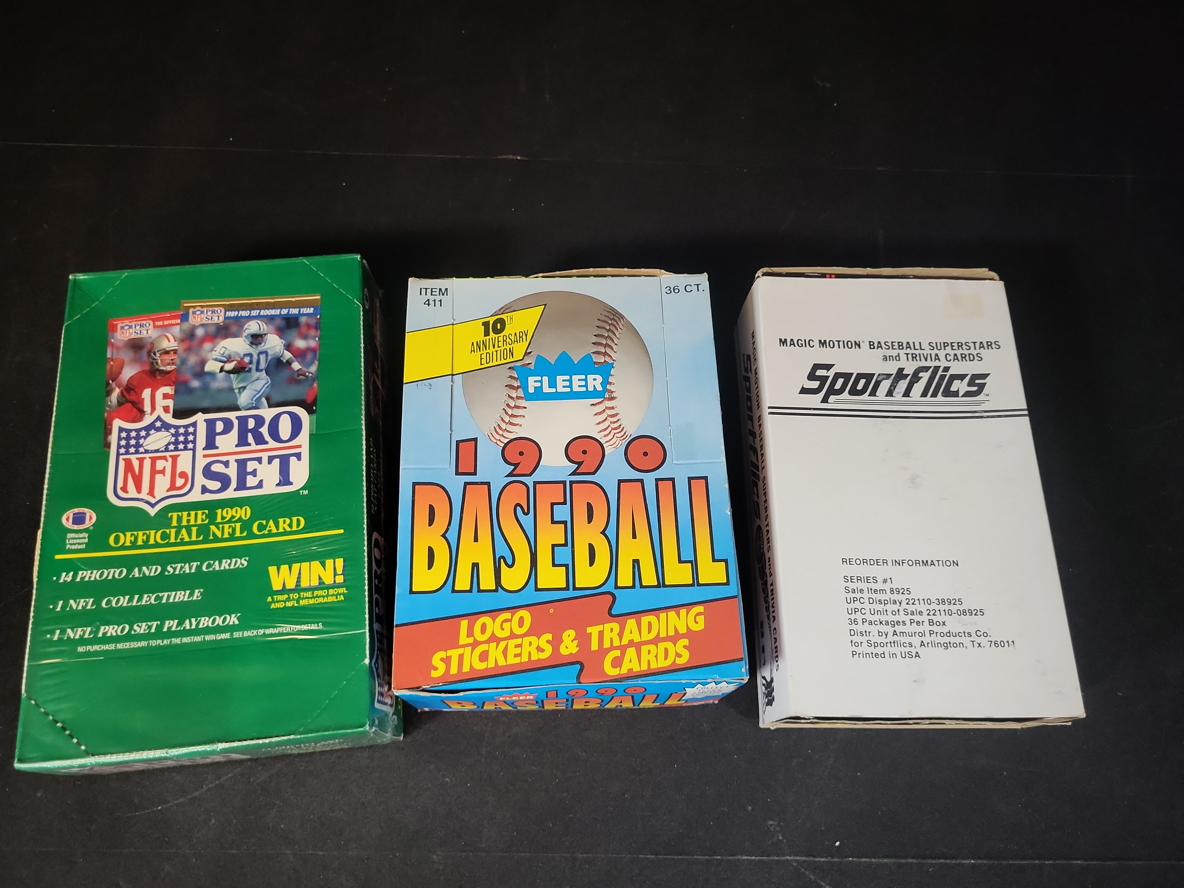 I03228 | A Trio of Vintage Sports Trading Card Boxes Including 1990 Pro Set NFL, 1990 Fleer Baseball, and 1986 Sportflics