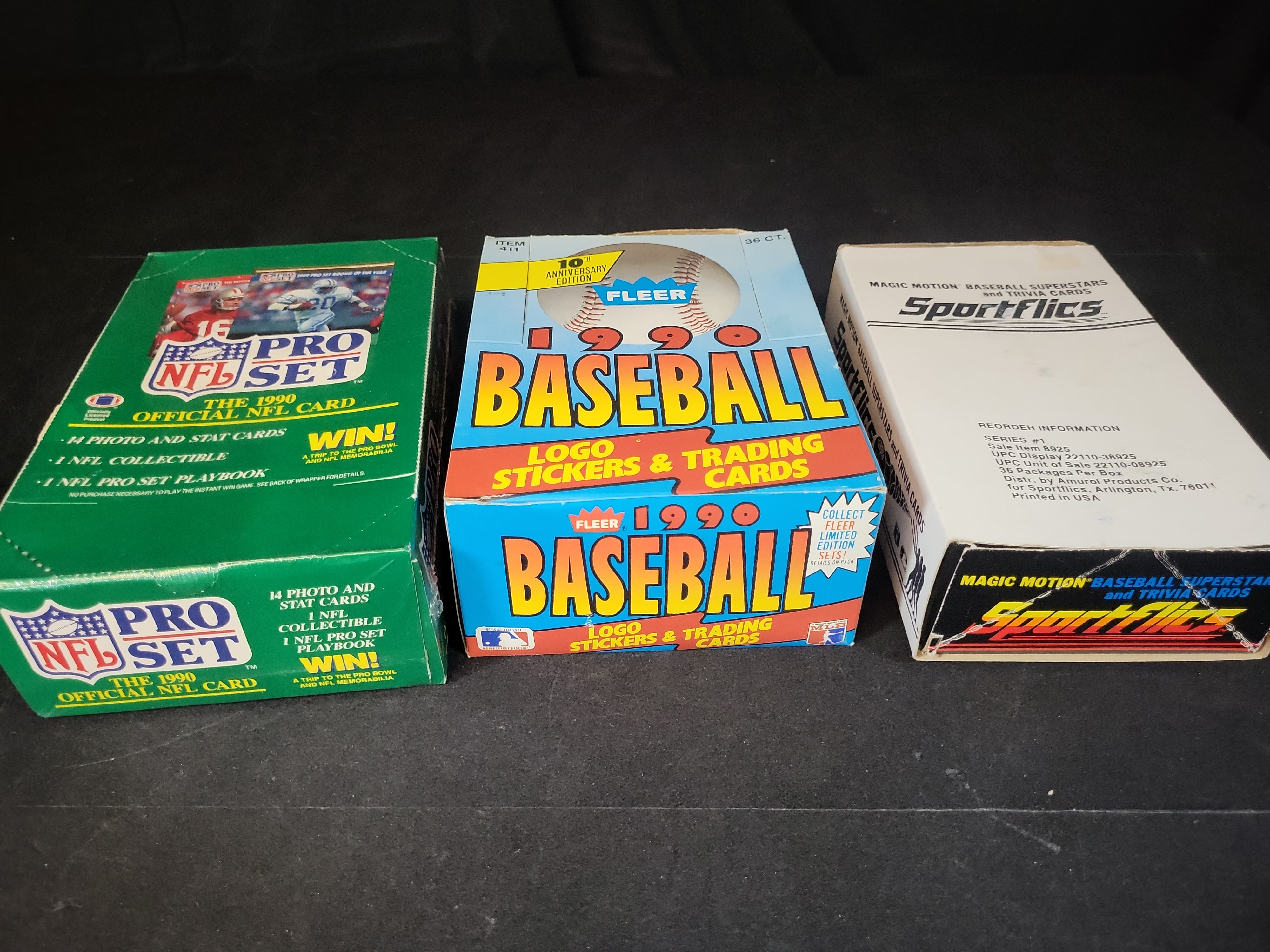 I03228 | A Trio of Vintage Sports Trading Card Boxes Including 1990 Pro Set NFL, 1990 Fleer Baseball, and 1986 Sportflics