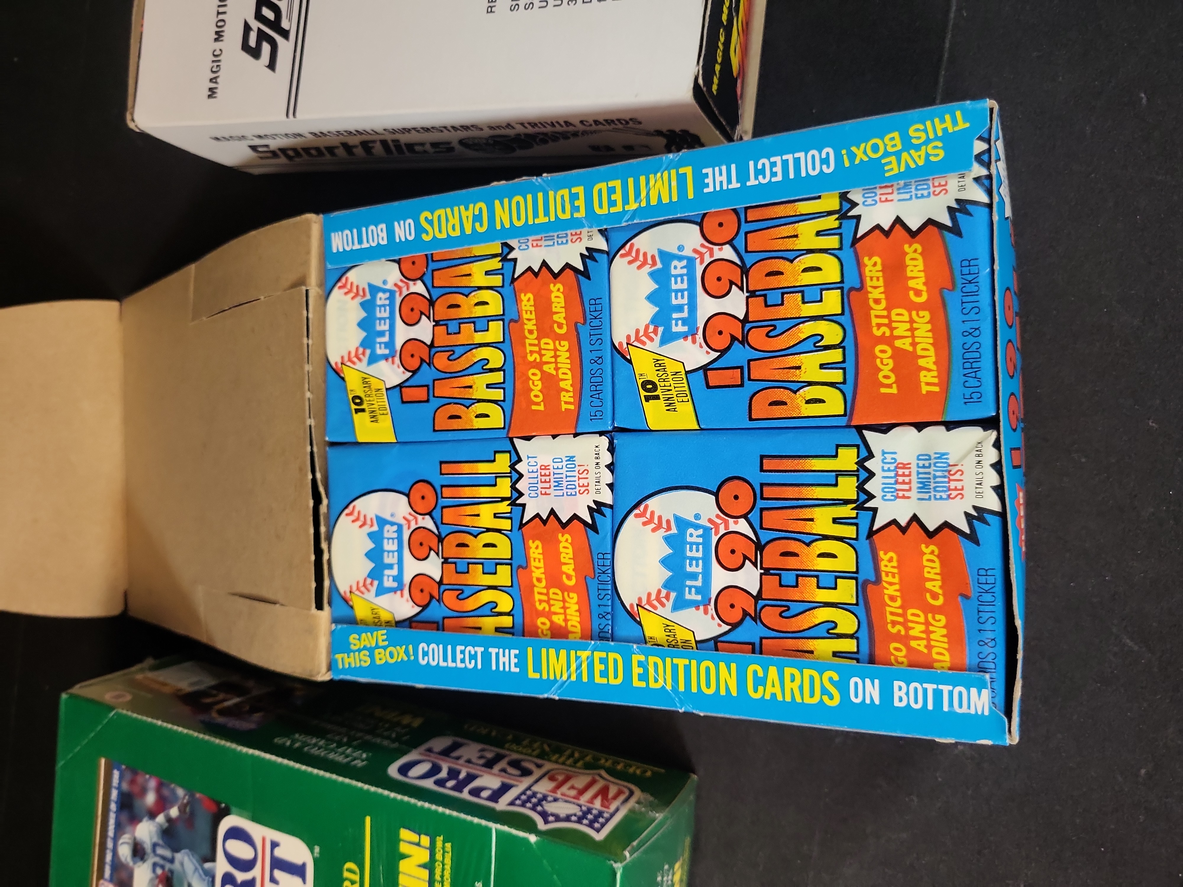 I03228 | A Trio of Vintage Sports Trading Card Boxes Including 1990 Pro Set NFL, 1990 Fleer Baseball, and 1986 Sportflics