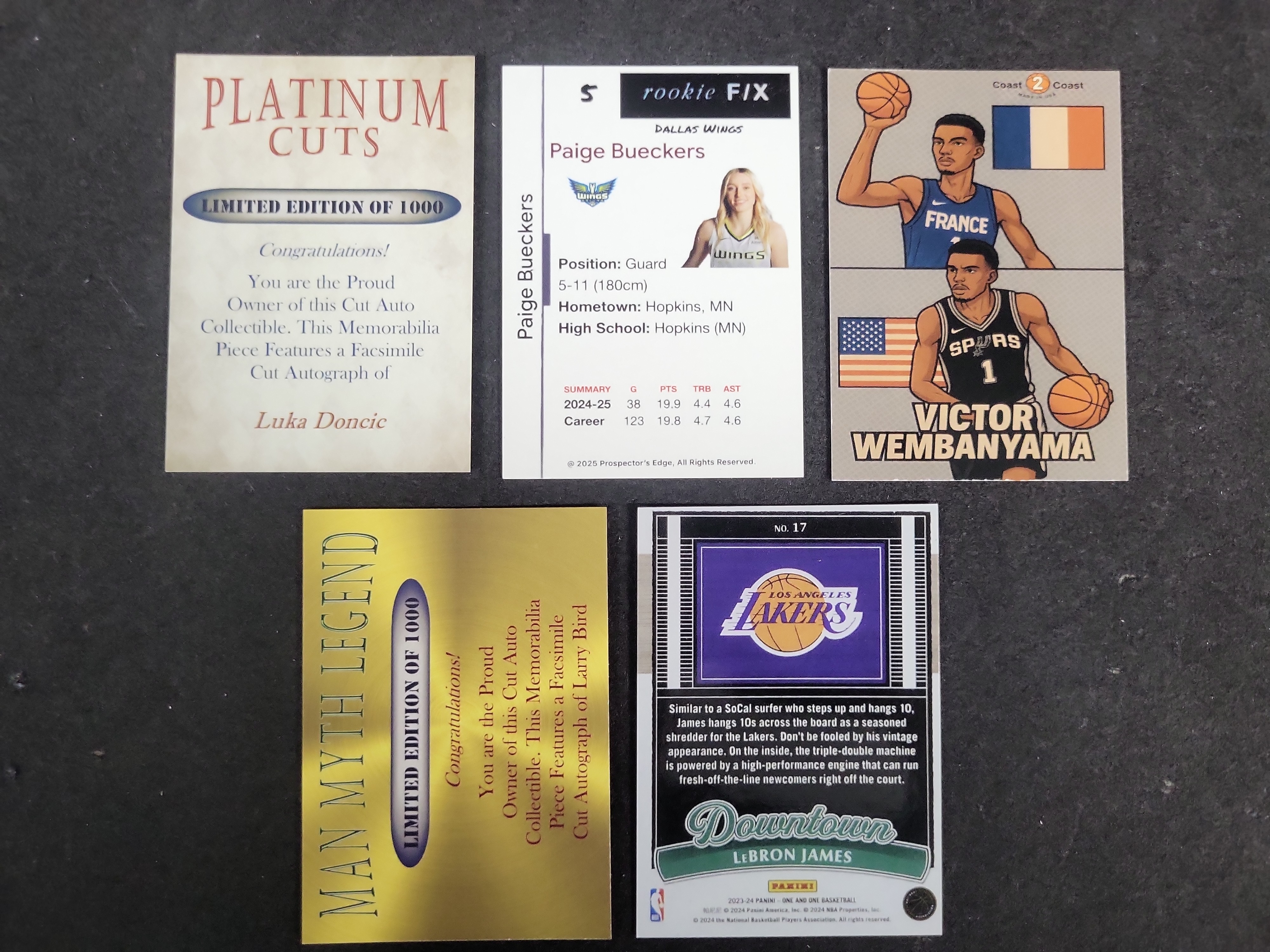 I03596 | An Assortment of Basketball Trading Cards Including LeBron James Downtown and Victor Wembanyama Custom Art Cards