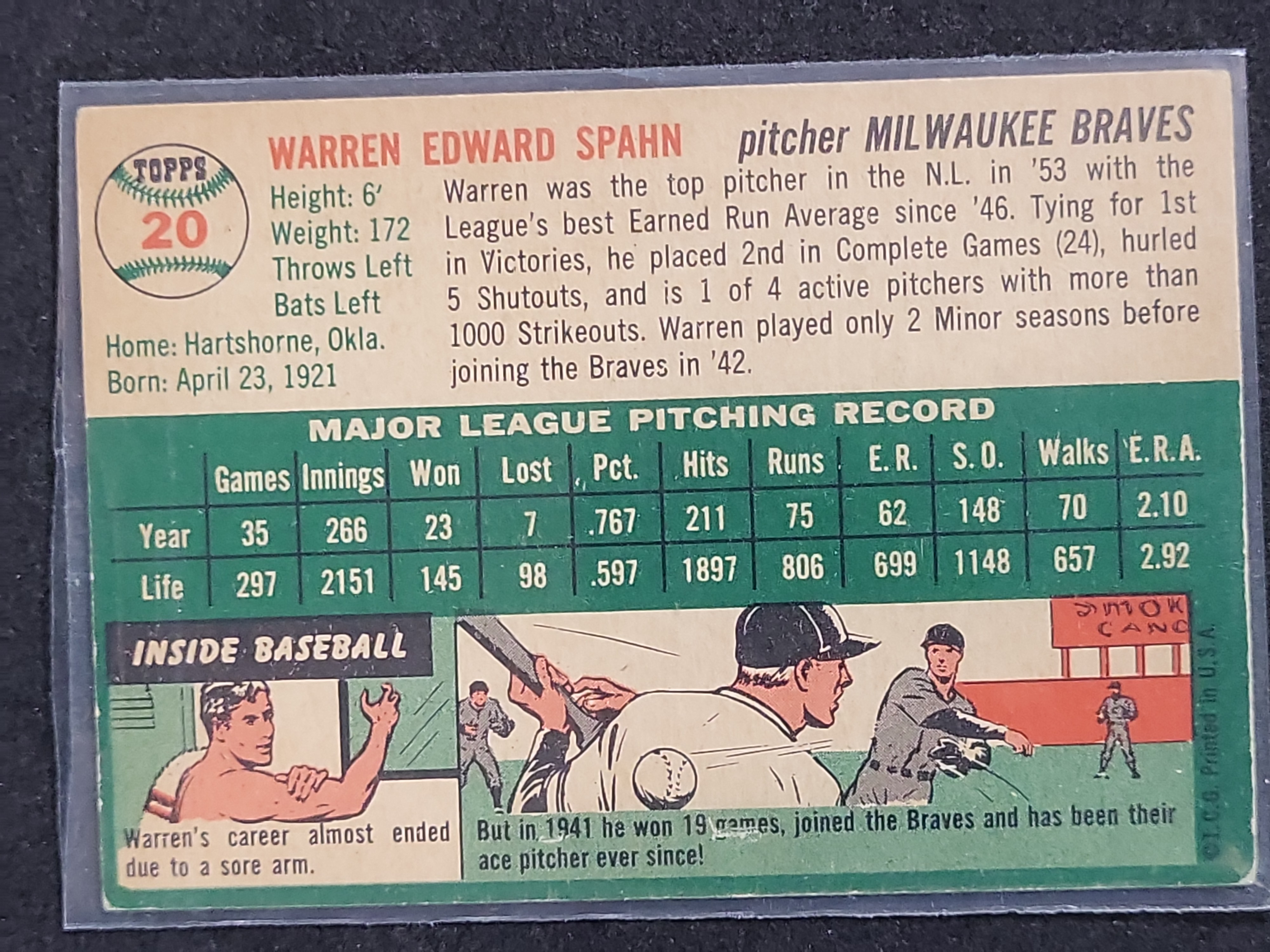 I03877 | 1954 Topps #20 Warren Spahn Milwaukee Braves Baseball Card