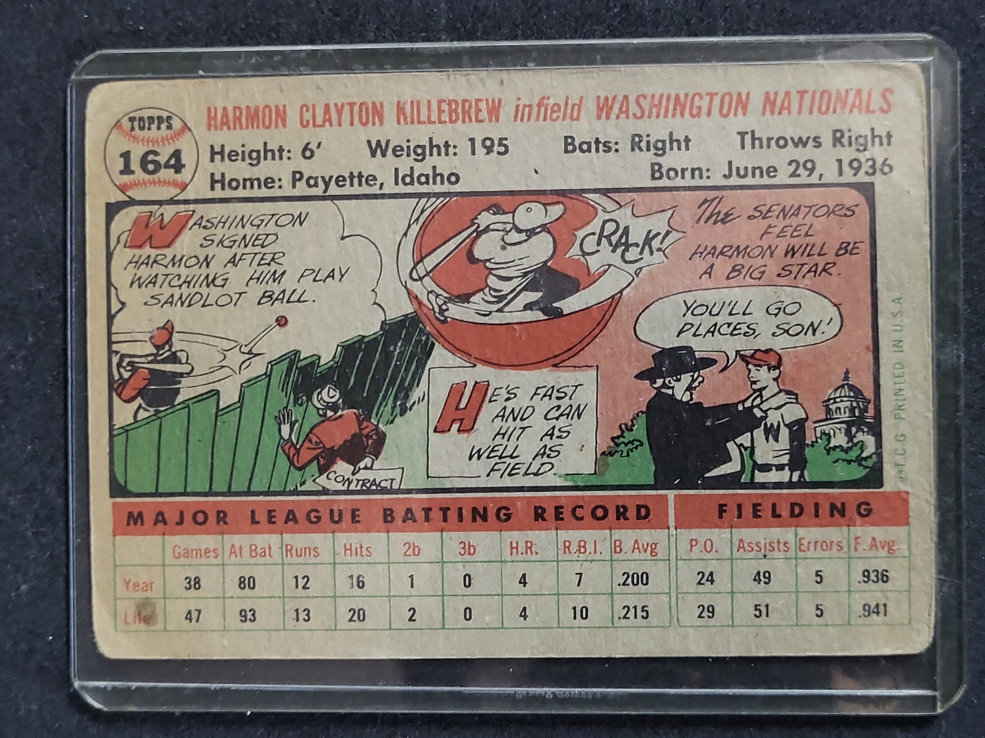 I03878 | 1956 Topps Harmon Killebrew #164 Baseball Card Washington Nationals Gray Back