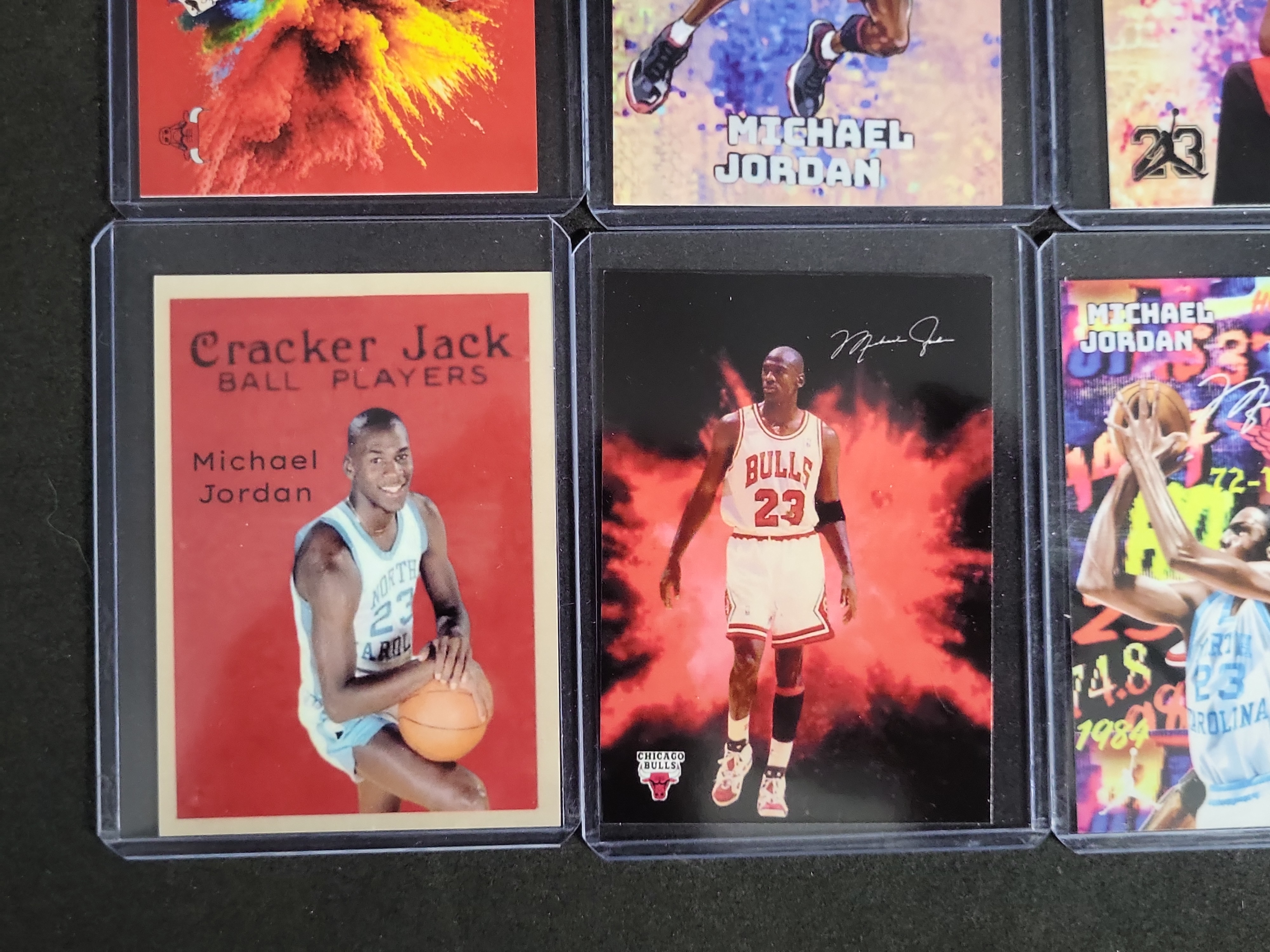 I03272 | Lot of Six Michael Jordan Custom Art and Novelty Basketball Cards Including Kaboom and Cracker Jack Homages