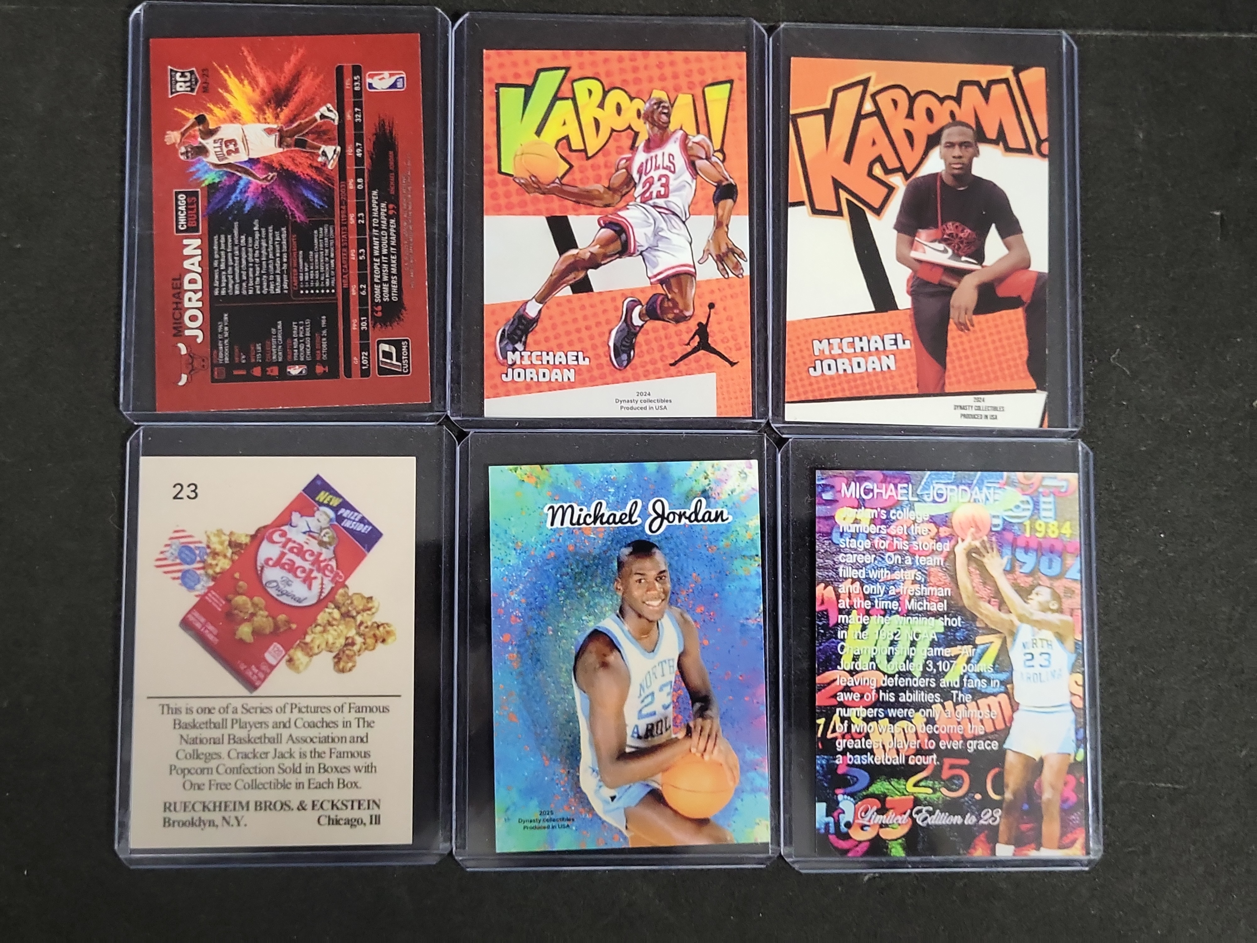 I03272 | Lot of Six Michael Jordan Custom Art and Novelty Basketball Cards Including Kaboom and Cracker Jack Homages