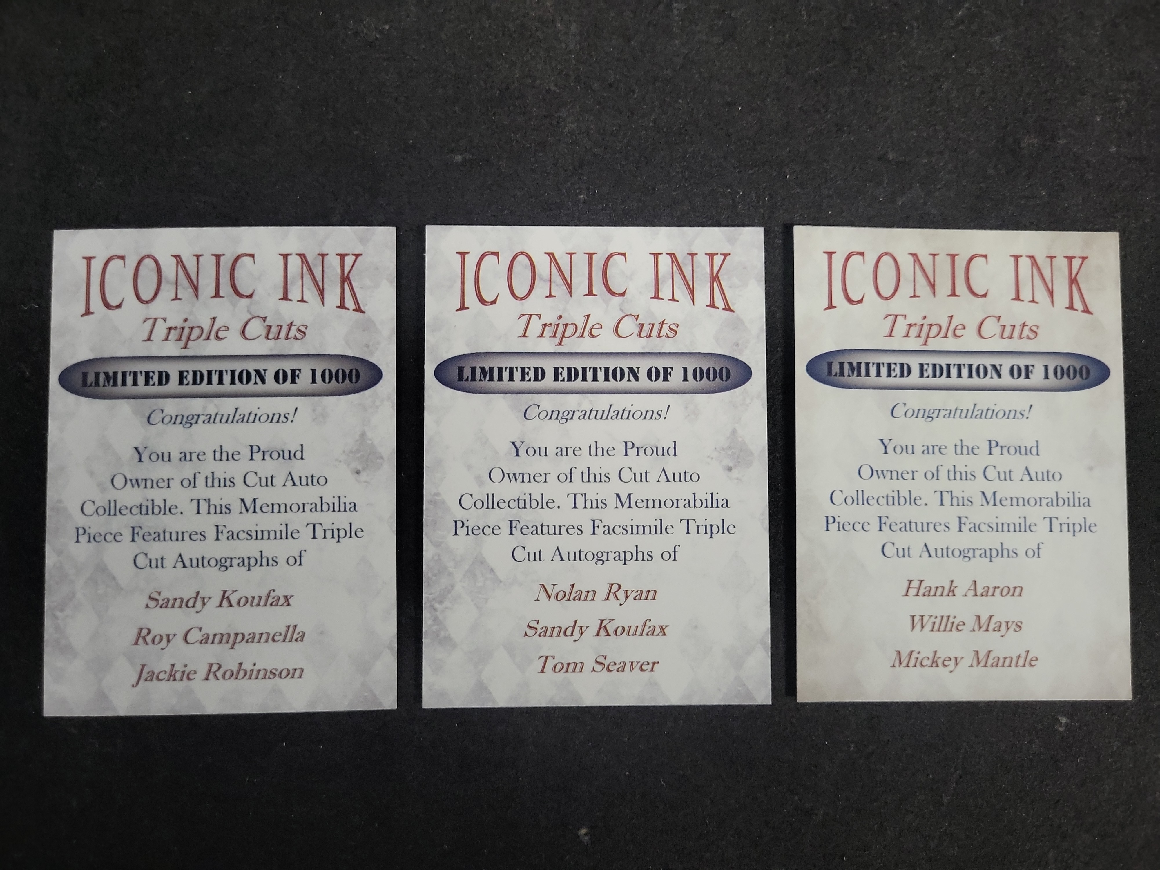 I03588 | A Trio of Iconic Ink Triple Cuts Limited Edition Facsimile Autograph Baseball Cards