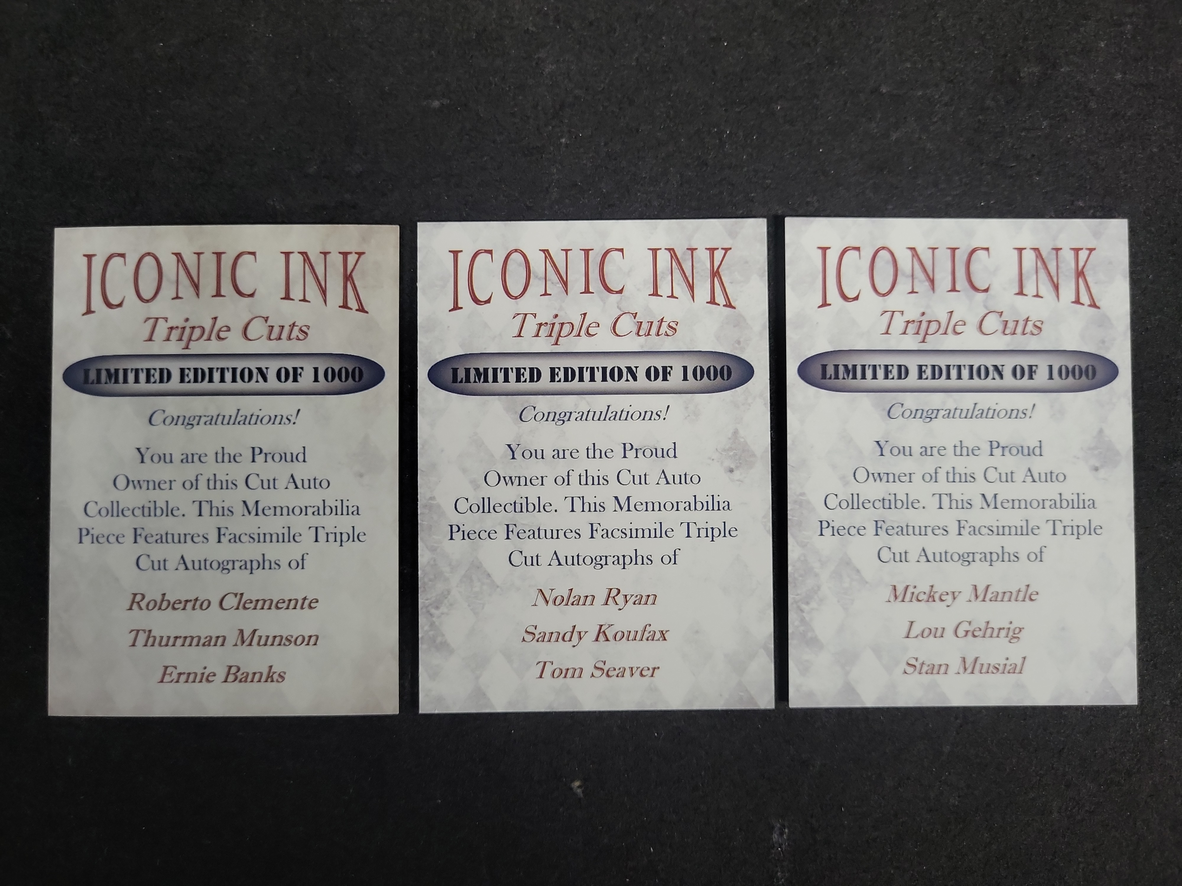I03589 | Three Iconic Ink Triple Cuts Baseball Cards Facsimile Autographs