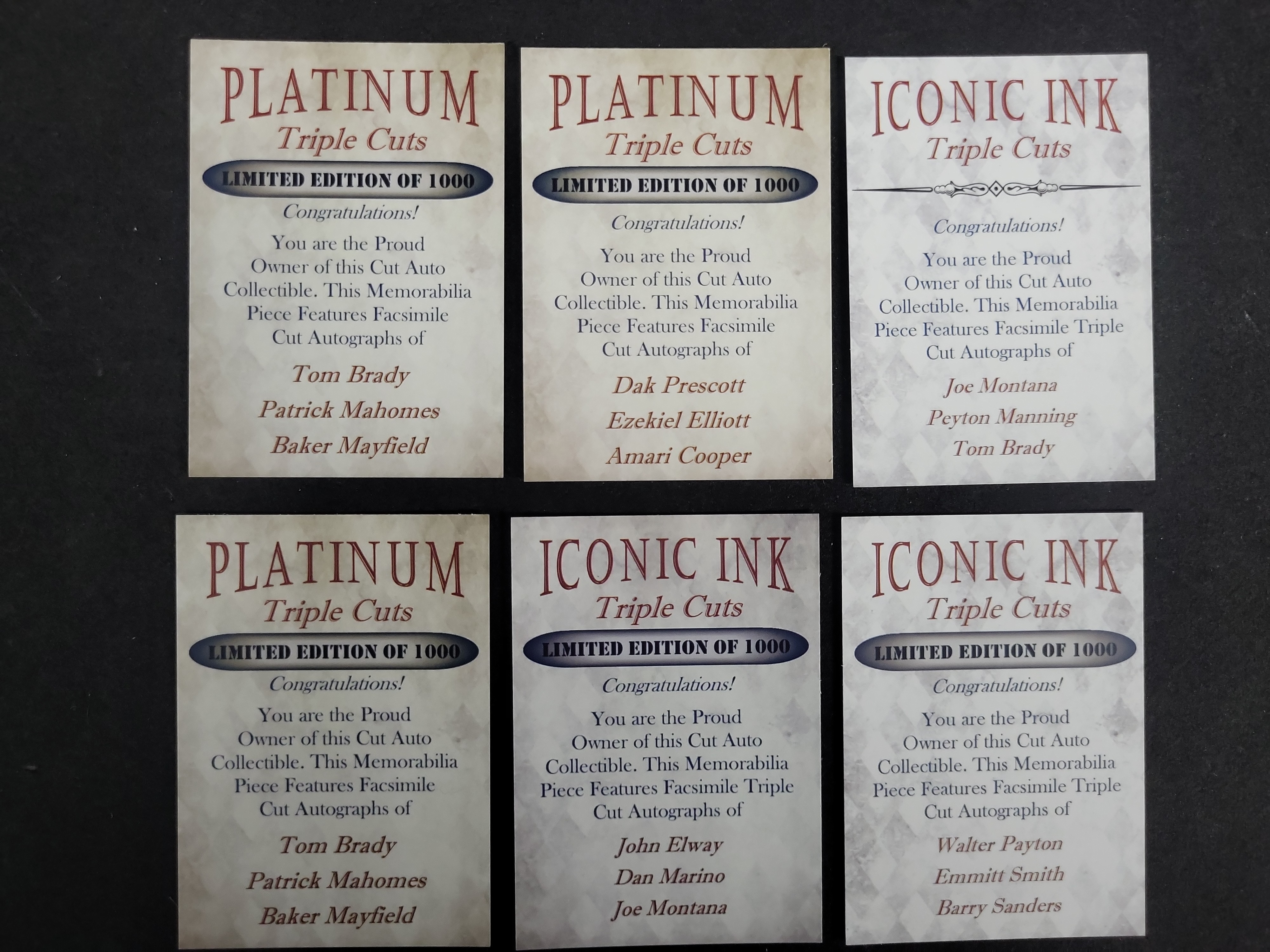 I03592 | A Collection of Platinum Triple Cuts and Iconic Ink Triple Cuts Football Cards Featuring Facsimile Autographs