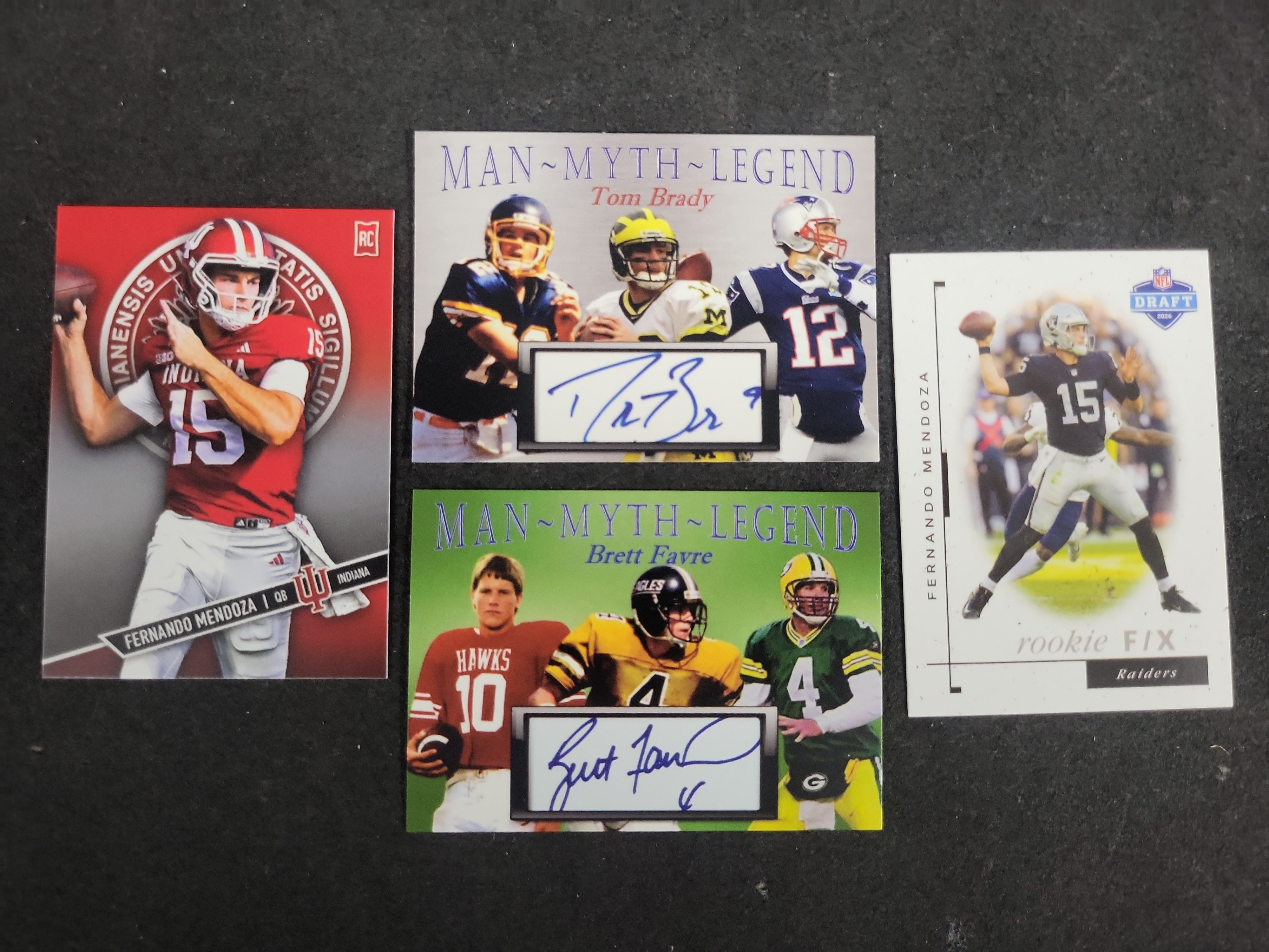I03595 | An Assortment of Prospector's Edge Football Trading Cards Featuring Tom Brady, Brett Favre, and Fernando Mendoza