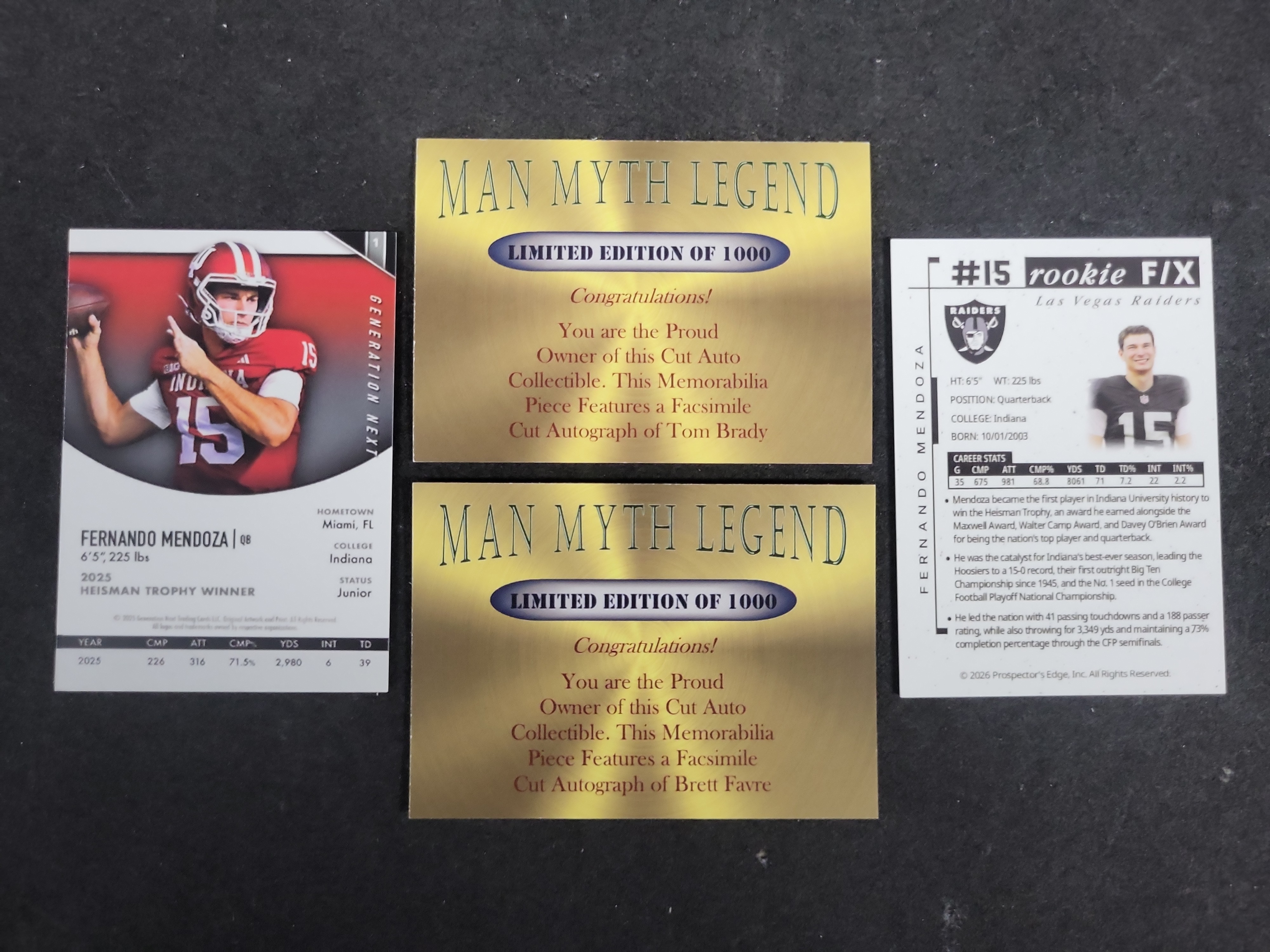 I03595 | An Assortment of Prospector's Edge Football Trading Cards Featuring Tom Brady, Brett Favre, and Fernando Mendoza