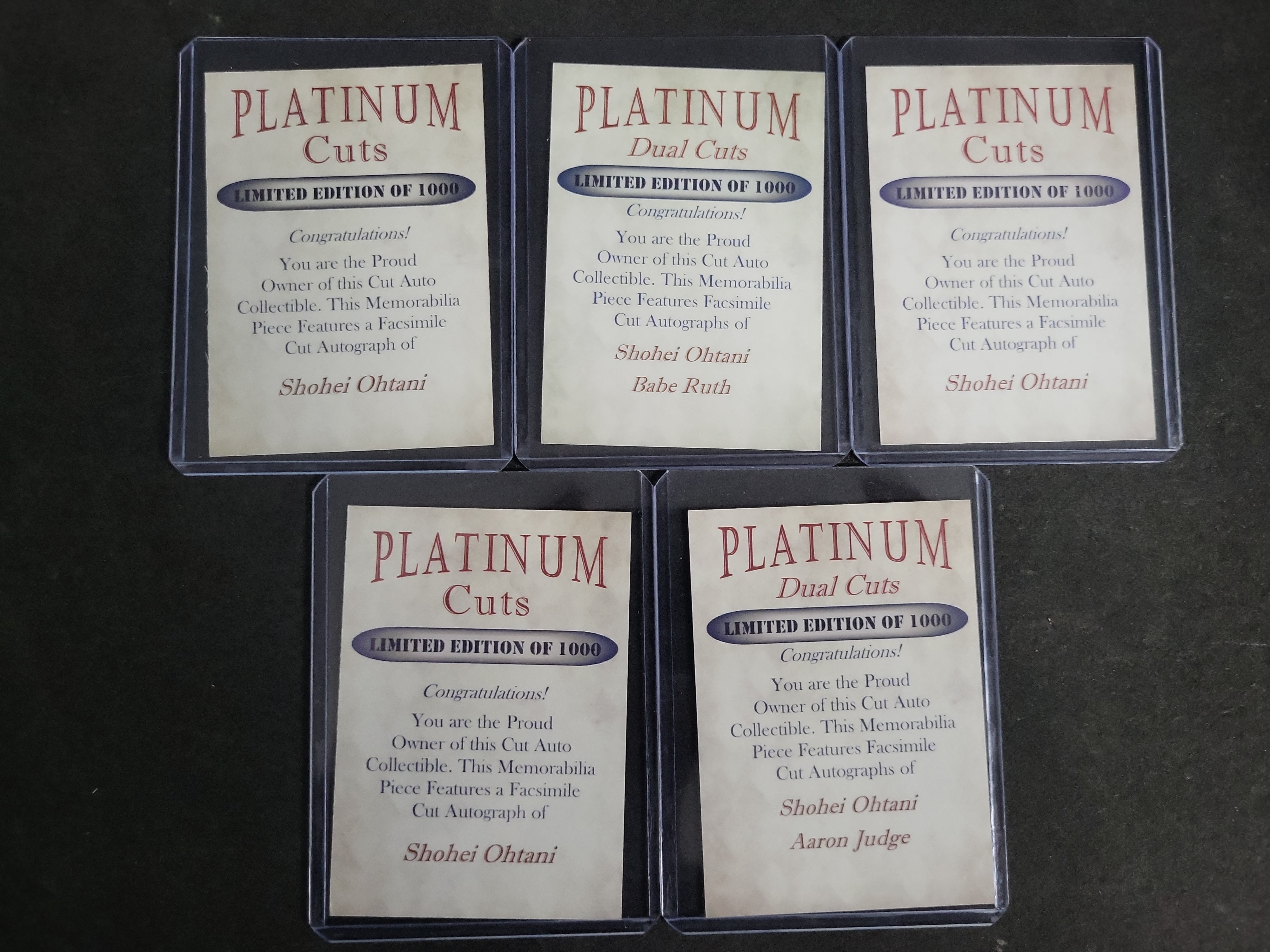 I03291 | Lot of (5) Unlicensed Platinum Cuts Facsimile Autograph Trading Cards Featuring Shohei Ohtani