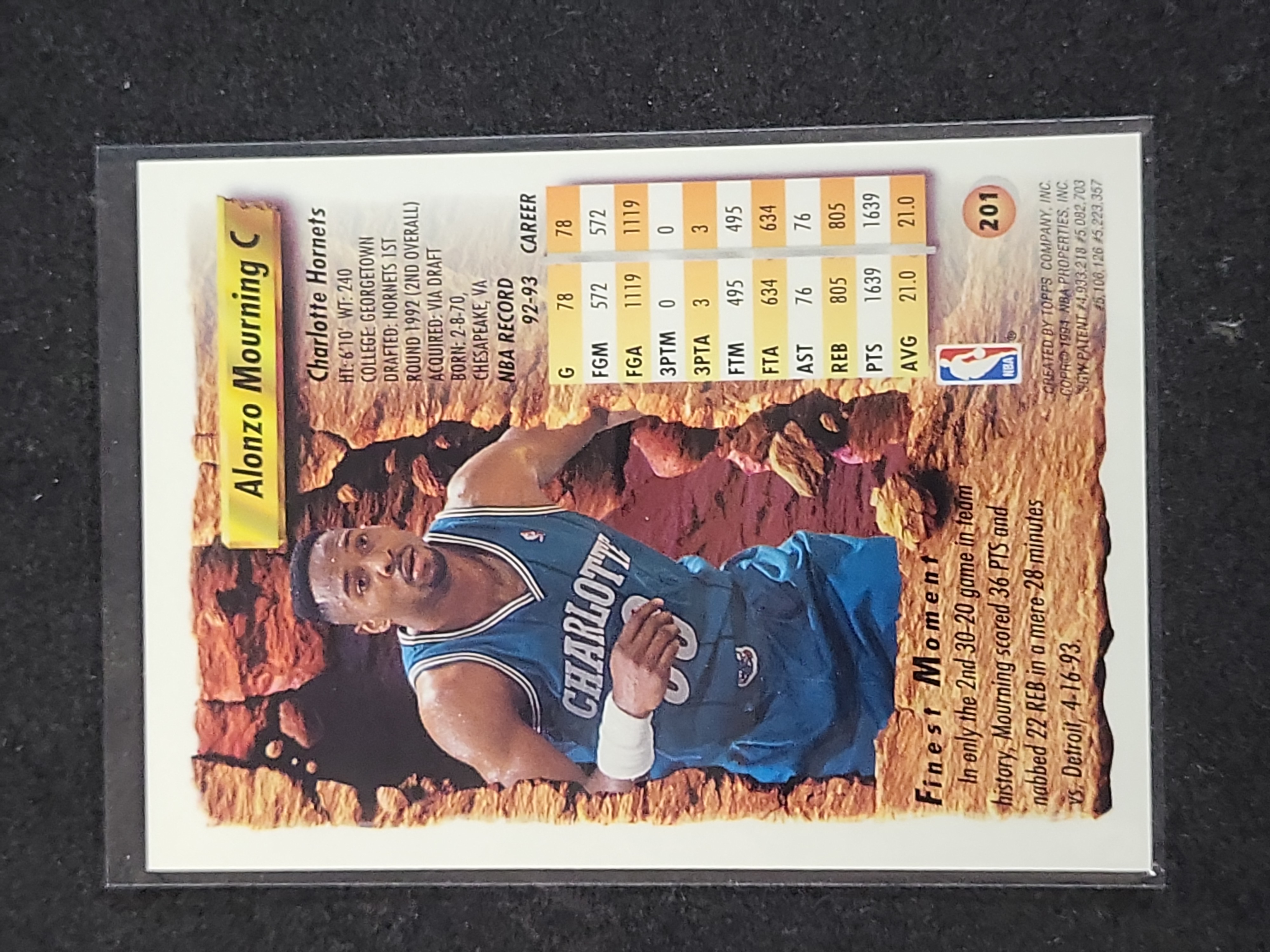I03156 | 1993-94 Topps Finest Alonzo Mourning Refractor Basketball Card #201