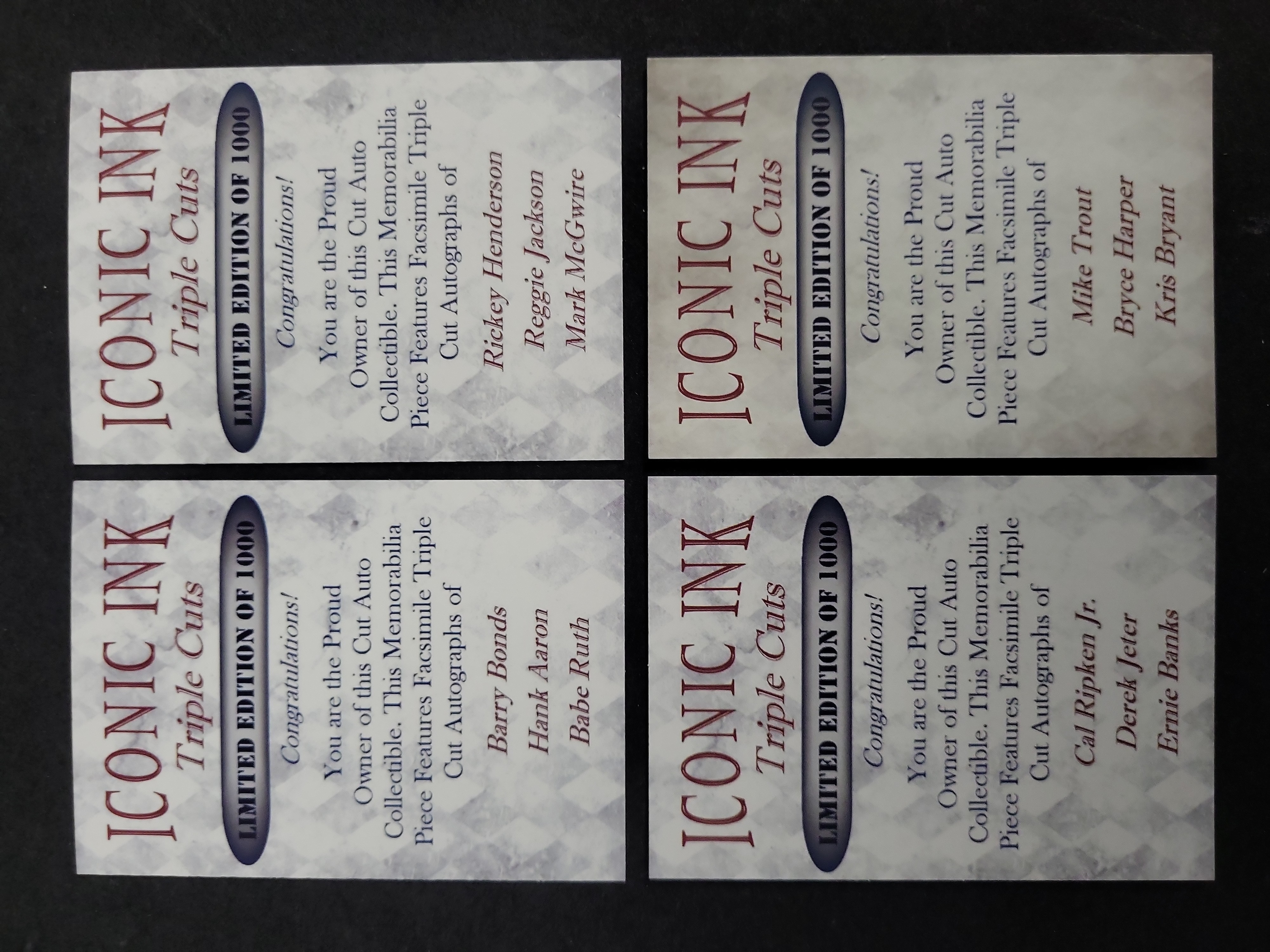 I03590 | A Set of Four Iconic Ink Triple Cuts Baseball Trading Cards with Facsimile Autographs