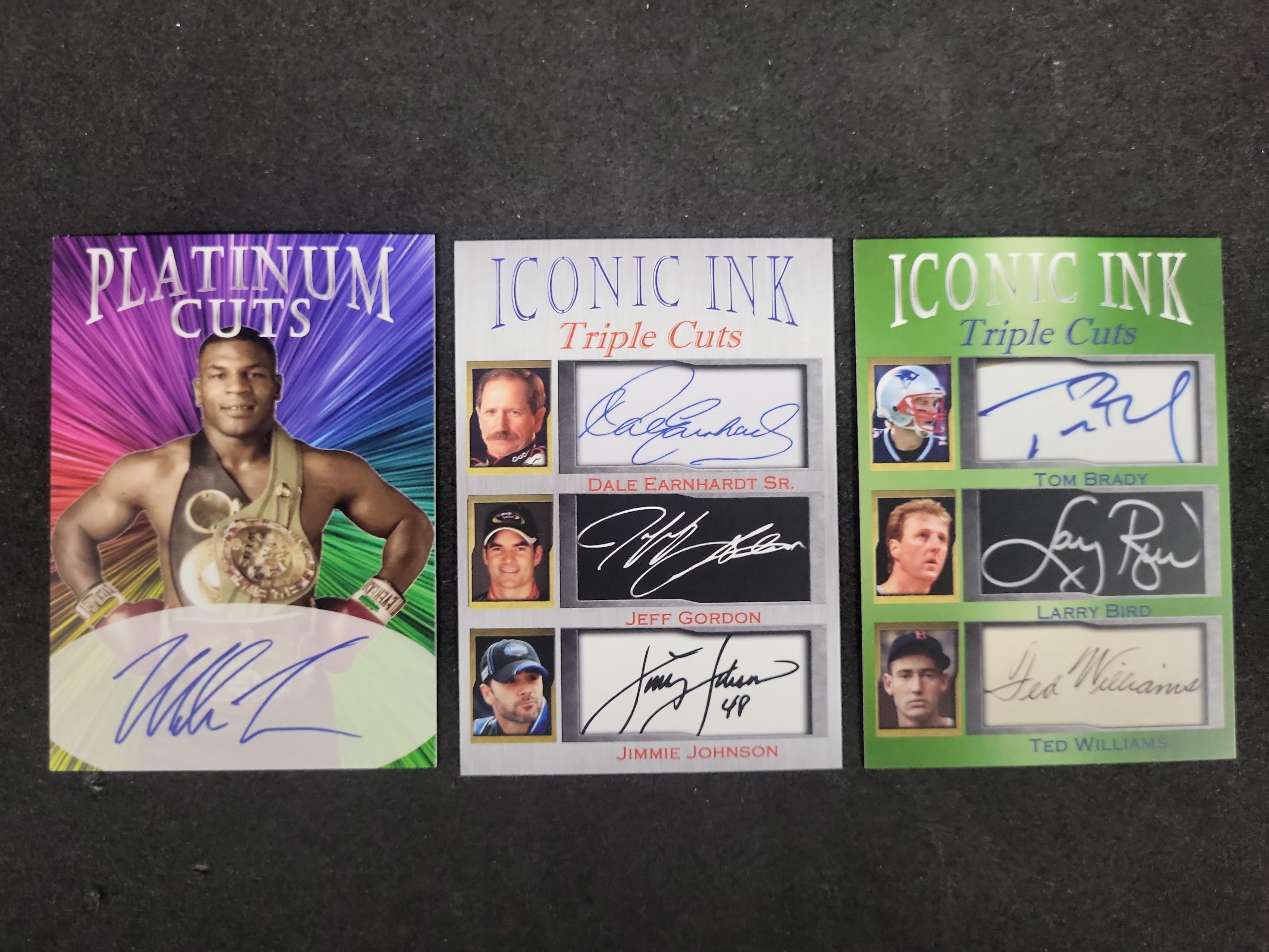 I03603 | A Trio of Iconic Ink and Platinum Cuts Sports Trading Cards with Facsimile Autographs
