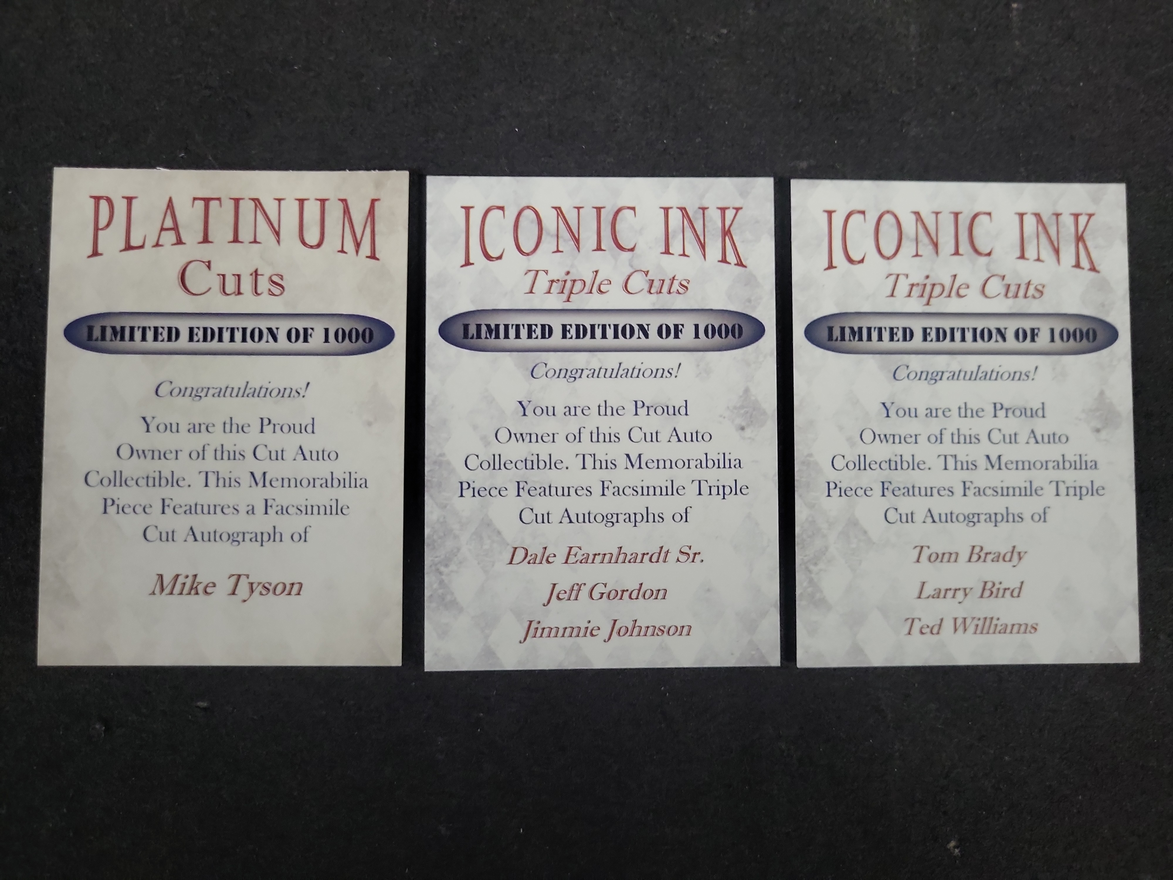 I03603 | A Trio of Iconic Ink and Platinum Cuts Sports Trading Cards with Facsimile Autographs