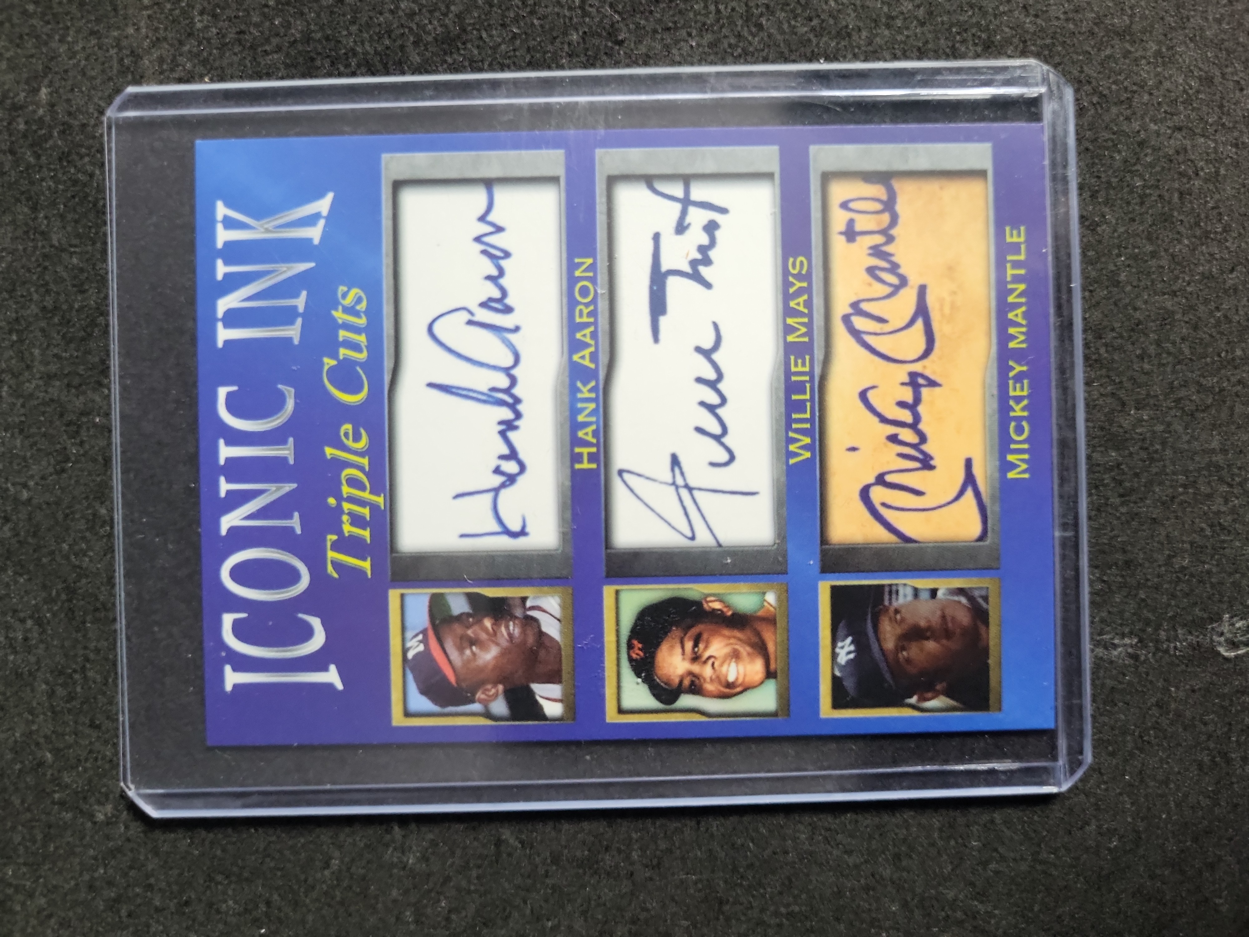 I03285 | Iconic Ink Triple Cuts Facsimile Autograph Card Hank Aaron Willie Mays and Mickey Mantle Limited Edition of 1000